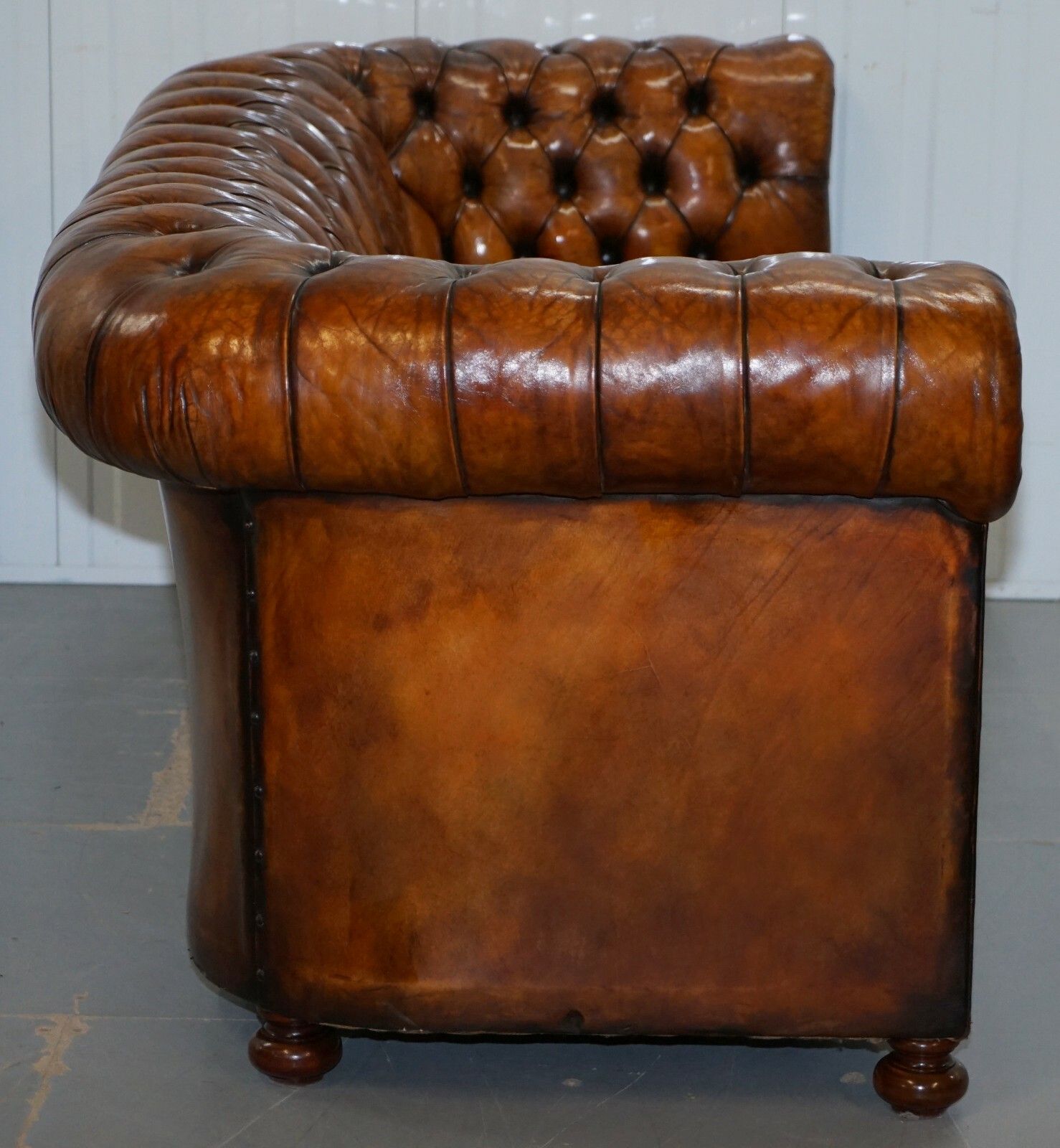 photo for sale Rare Circa 1900 Hand Dyed Fully Restored Whisky Brown Leather Chesterfield Sofa