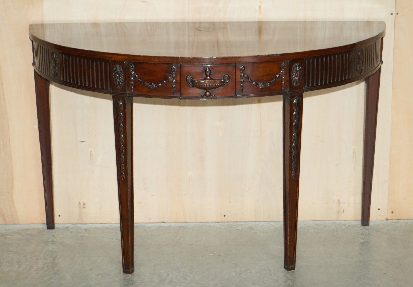Fine Restored 18th Century Burl Mahogany Carved Adams Demi Line Console Table photo vinterior