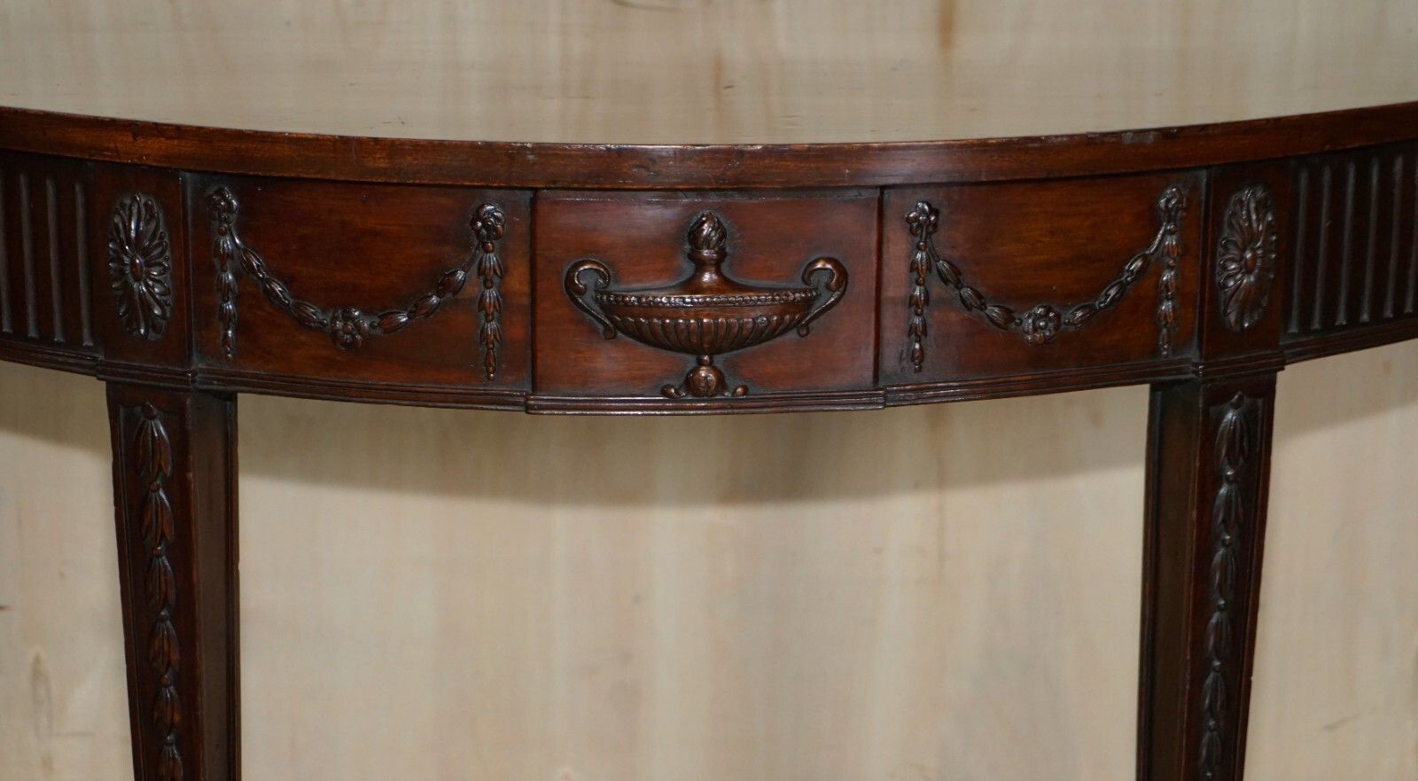 Fine Restored 18th Century Burl Mahogany Carved Adams Demi Line Console Table photo buy