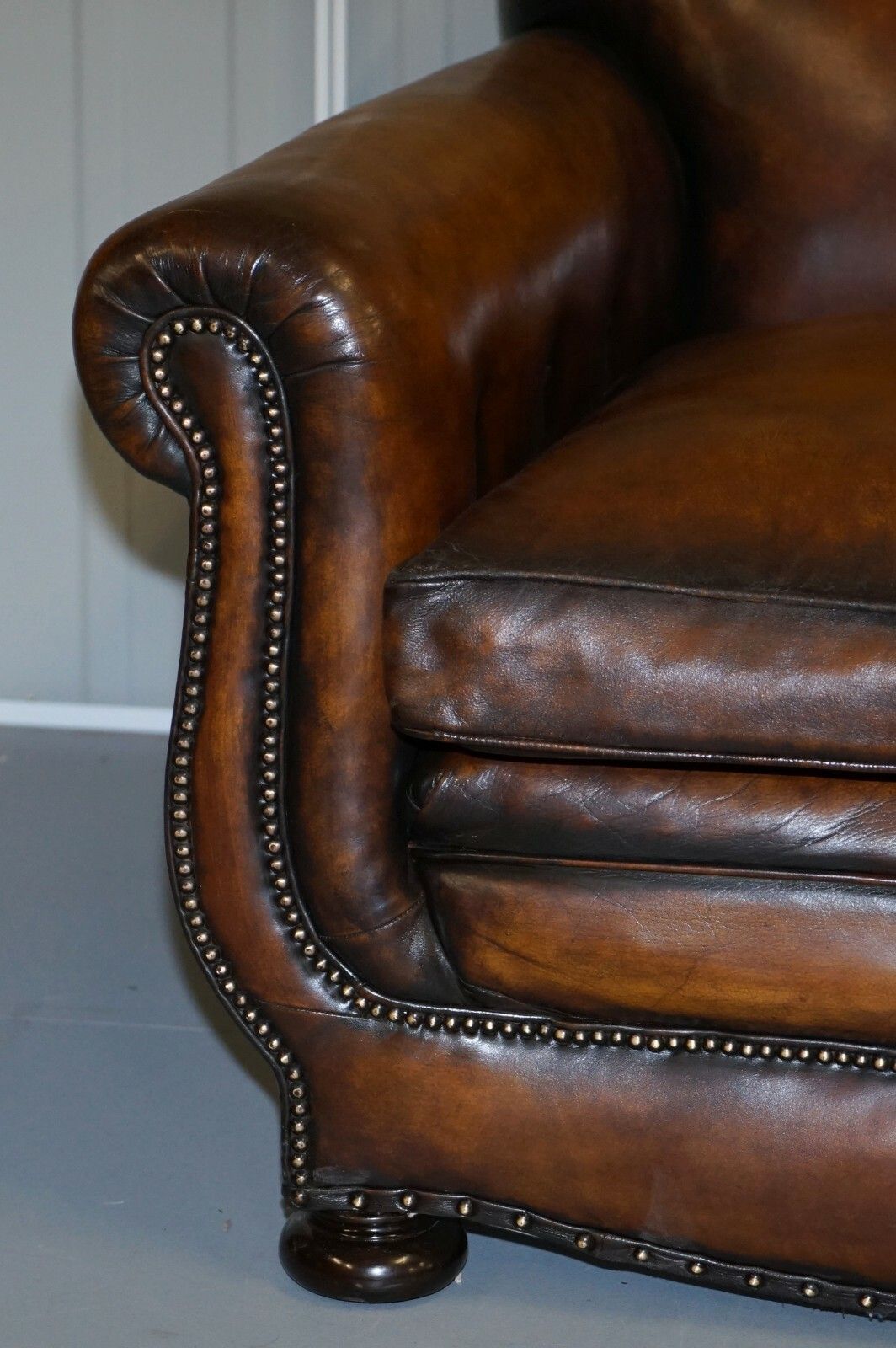 Very Rare Fully Restored Gentleman's Club Moustache Back Brown Leather Sofa photo buy