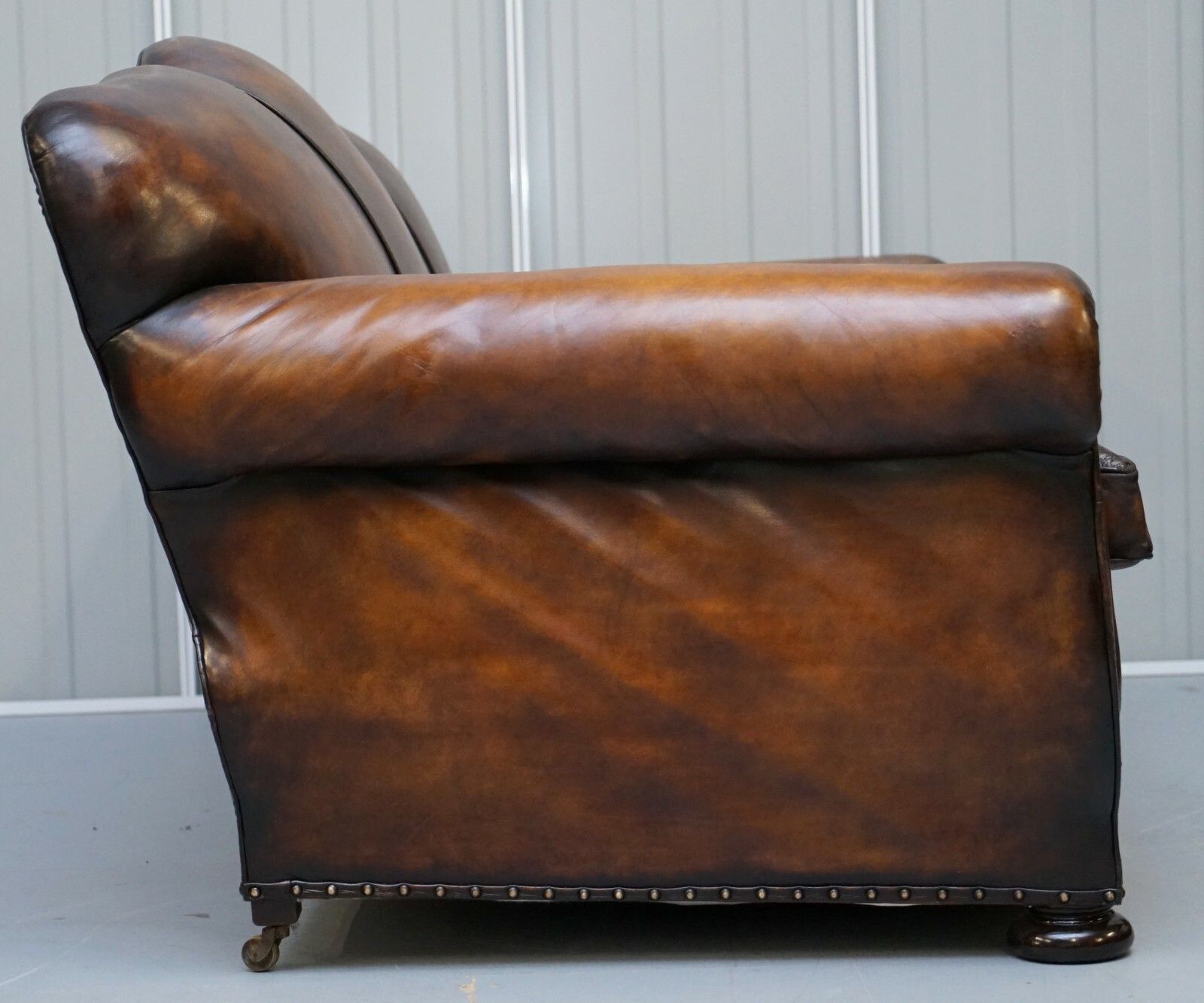 photo for sale Very Rare Fully Restored Gentleman's Club Moustache Back Brown Leather Sofa