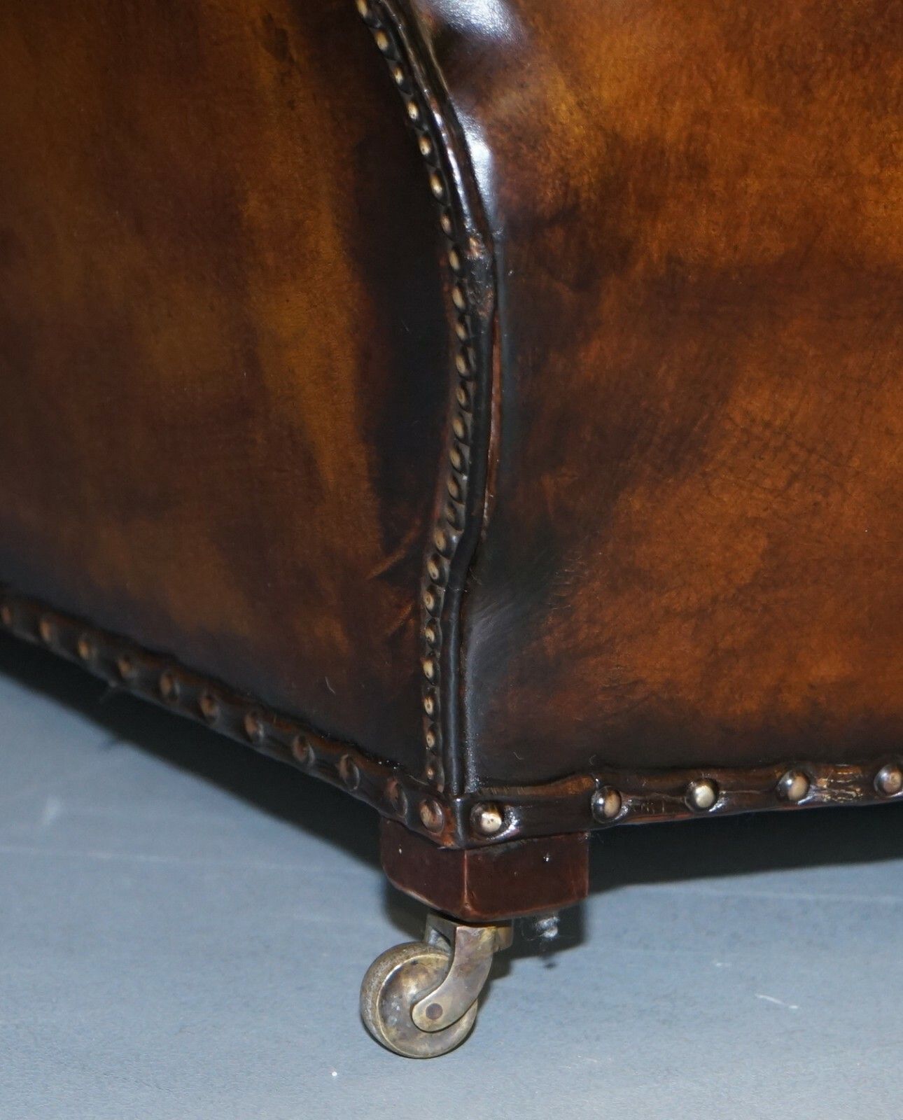 Furniture Very Rare Fully Restored Gentleman's Club Moustache Back Brown Leather Sofa photo
