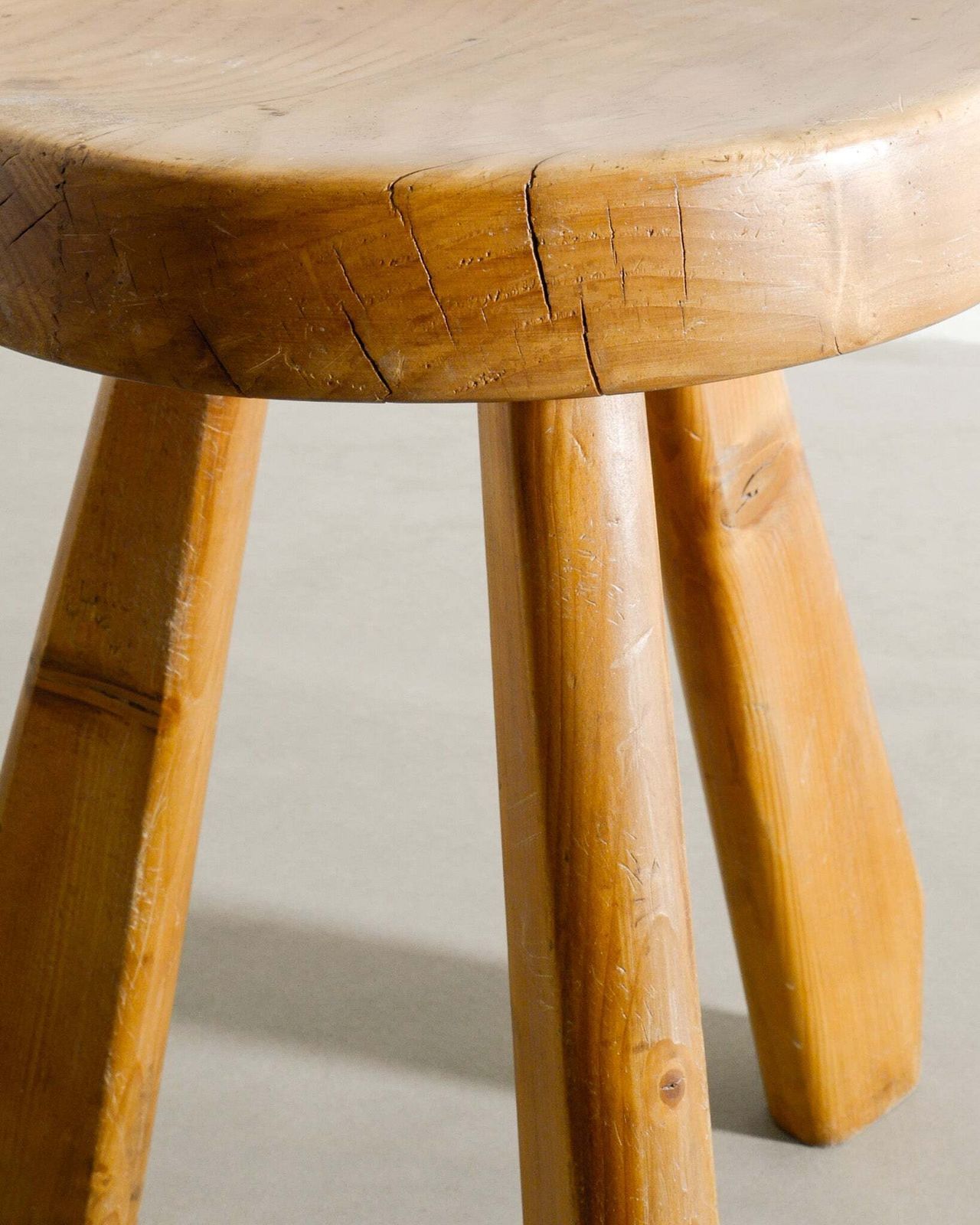 Original French Mid Century Tripod Wooden High "Sandoz" Pine Stool For Les Arcs By Charlotte Perriand, 1960s photo 9500.0