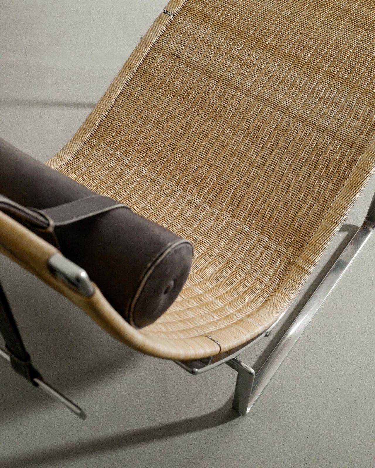 Danish Mid Century Sculptural Chaise Lounge "Pk24" Chair In Rattan, Steel & Leather By Poul Kjærholm For E. Kold Christensen Denmark, 1960s photo Furniture
