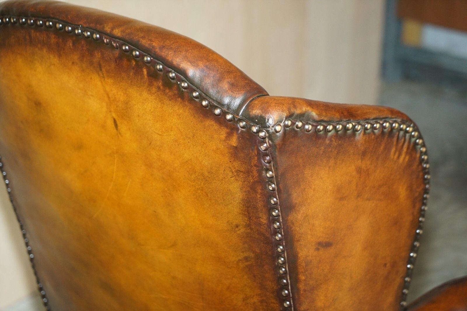 Furniture Antique Restored George II Period Circa 1760 Wingback Brown Leather Armchair photo