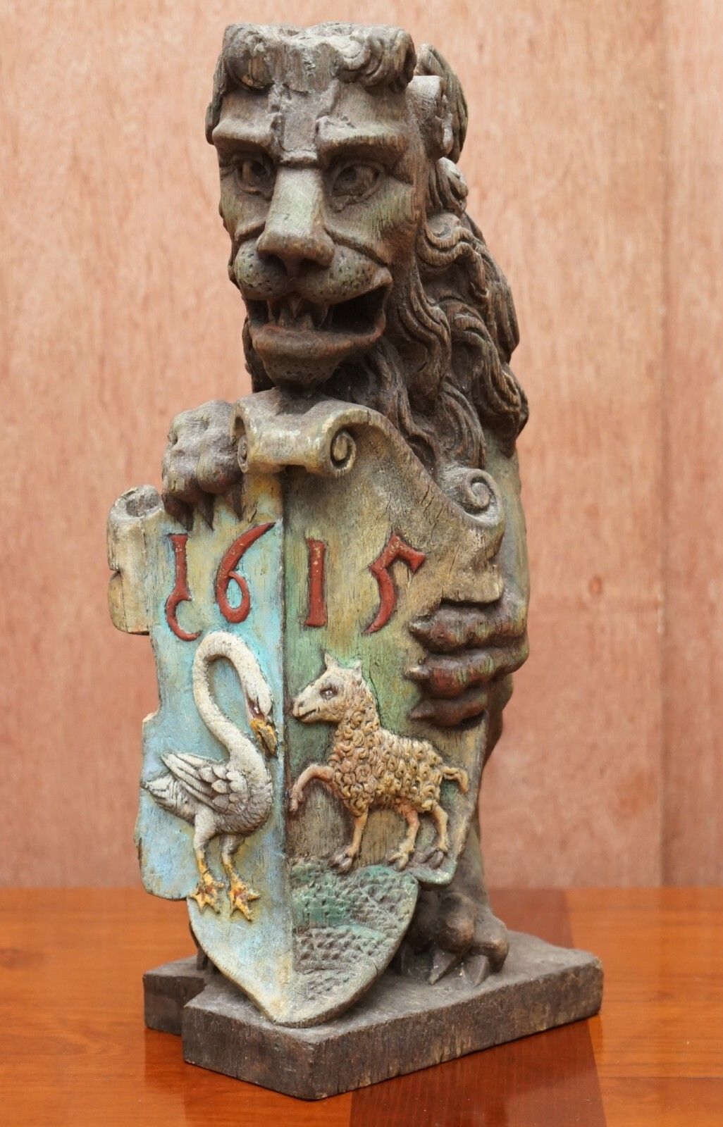 photo for sale Pair Of 1615 English Polychrome Painted Heraldic Lion Newel Banisters Finials
