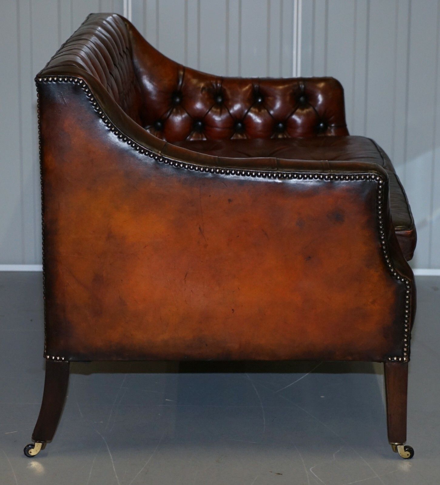 photo for sale 135cm Wide Circa 1900 Fully Restored Whisky Brown Leather Lutyen's Viceroy Sofa