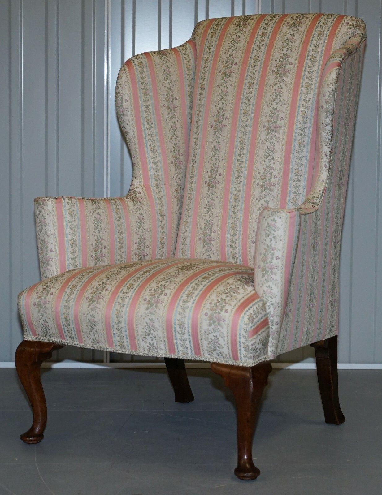 Very Rare Fully Restored Howard & Son's Walnut Wingback Armchair Regency Stripe photo for sale