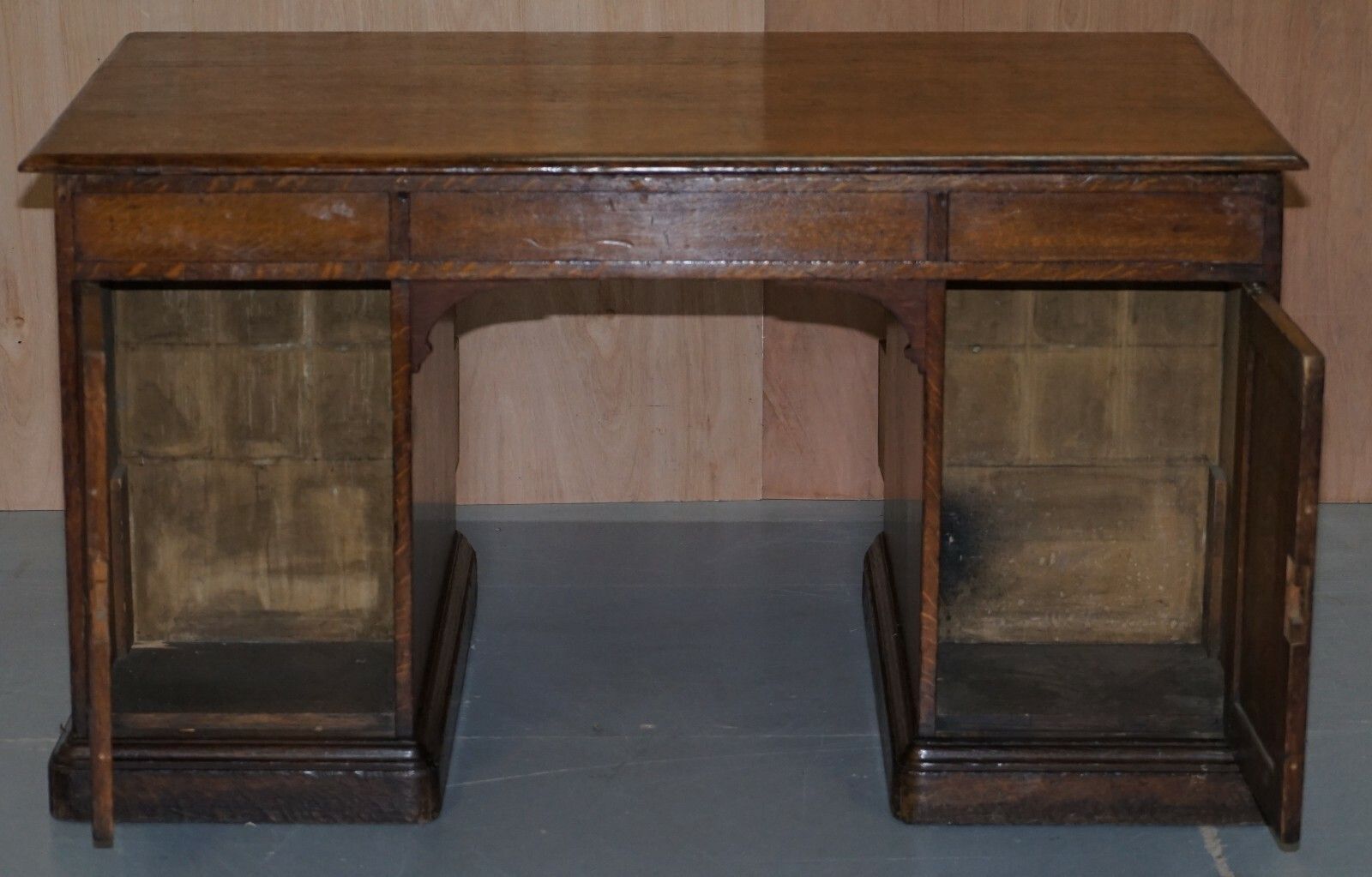 Furniture Stamped Gillows Lancaster Double Sided Twin Pedestal Partner Desk Figured Oak photo