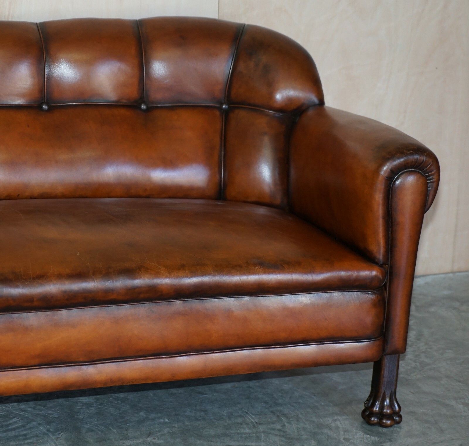 Fine Antique Victorian Brown Leather Chesterfield Sofa Oak Lions Hairy Paw Feet photo for sale