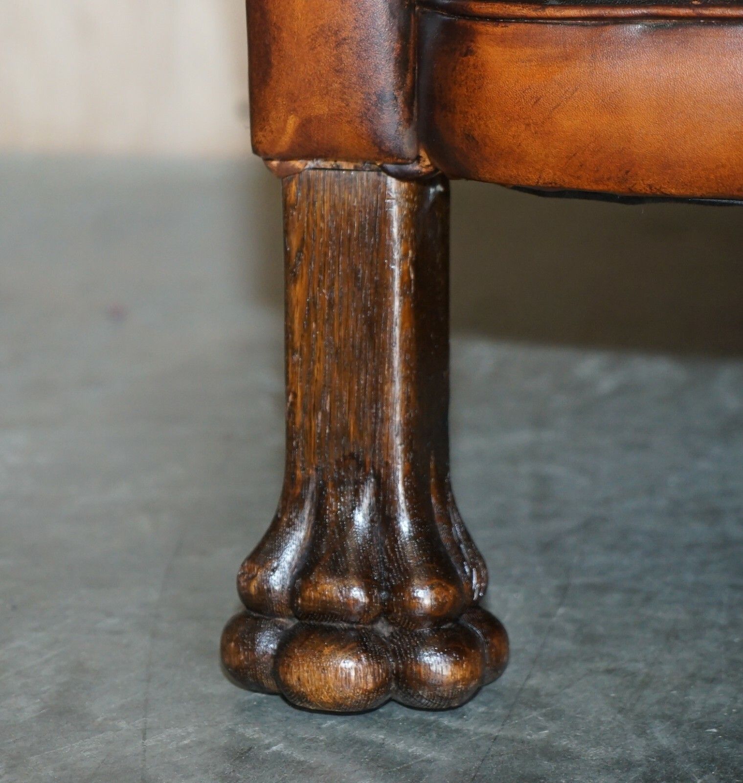Fine Antique Victorian Brown Leather Chesterfield Sofa Oak Lions Hairy Paw Feet photo vintage