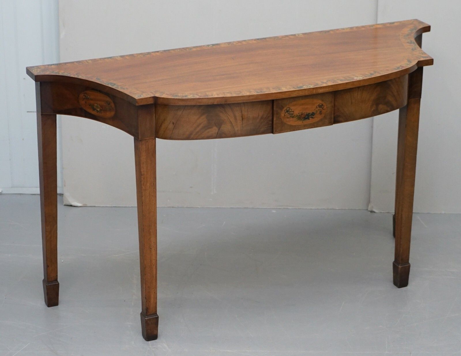 Pair Of George III 1780 Satinwood & Tulip Wood Polychrome Painted Console Tables photo for sale