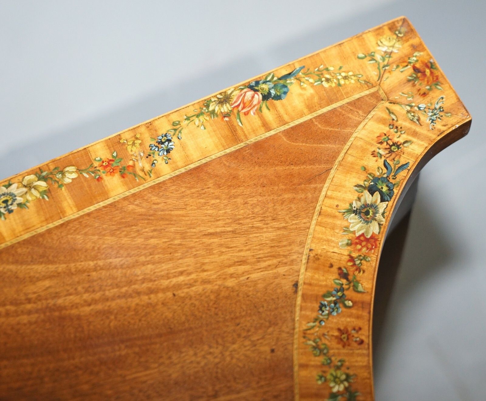 Pair Of George III 1780 Satinwood & Tulip Wood Polychrome Painted Console Tables photo buy