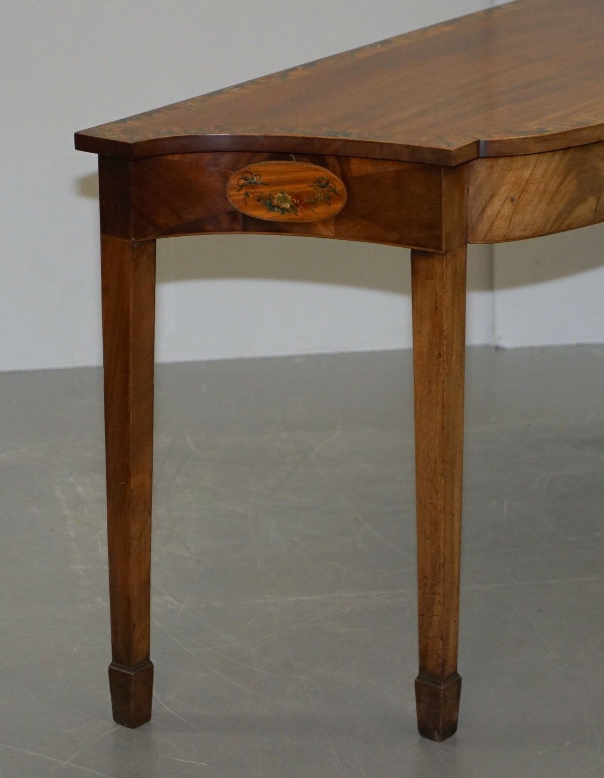 photo for sale Pair Of George III 1780 Satinwood & Tulip Wood Polychrome Painted Console Tables