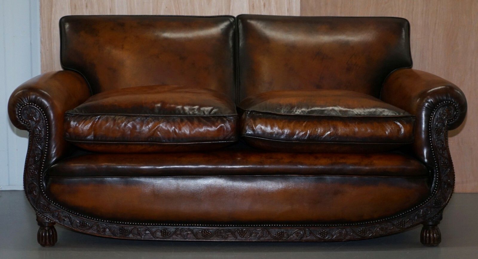 Luxury Victorian Hand Dyed Aged Brown Leather Two Seat Sofa Hand Carved Floral photo furniture