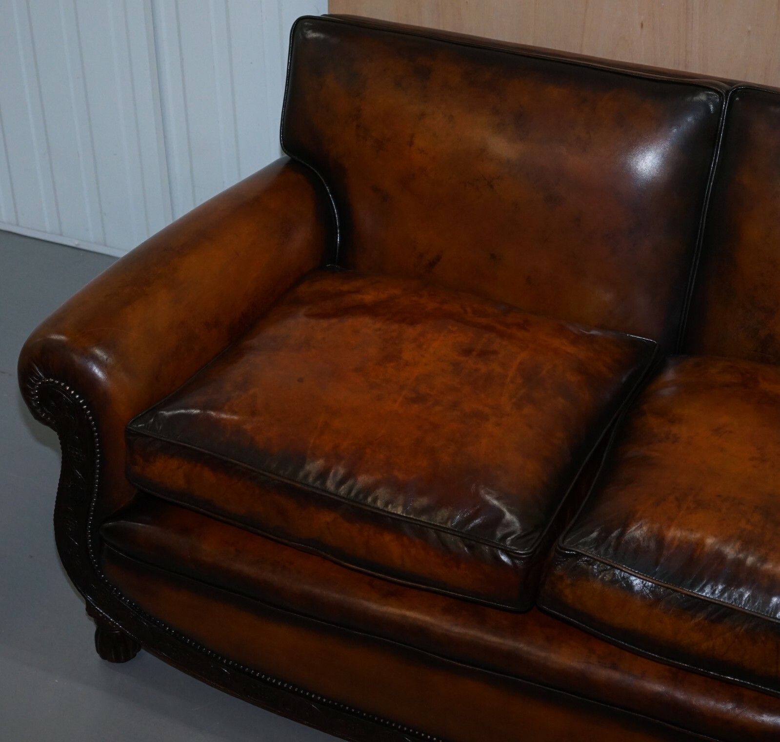 Luxury Victorian Hand Dyed Aged Brown Leather Two Seat Sofa Hand Carved Floral photo for sale