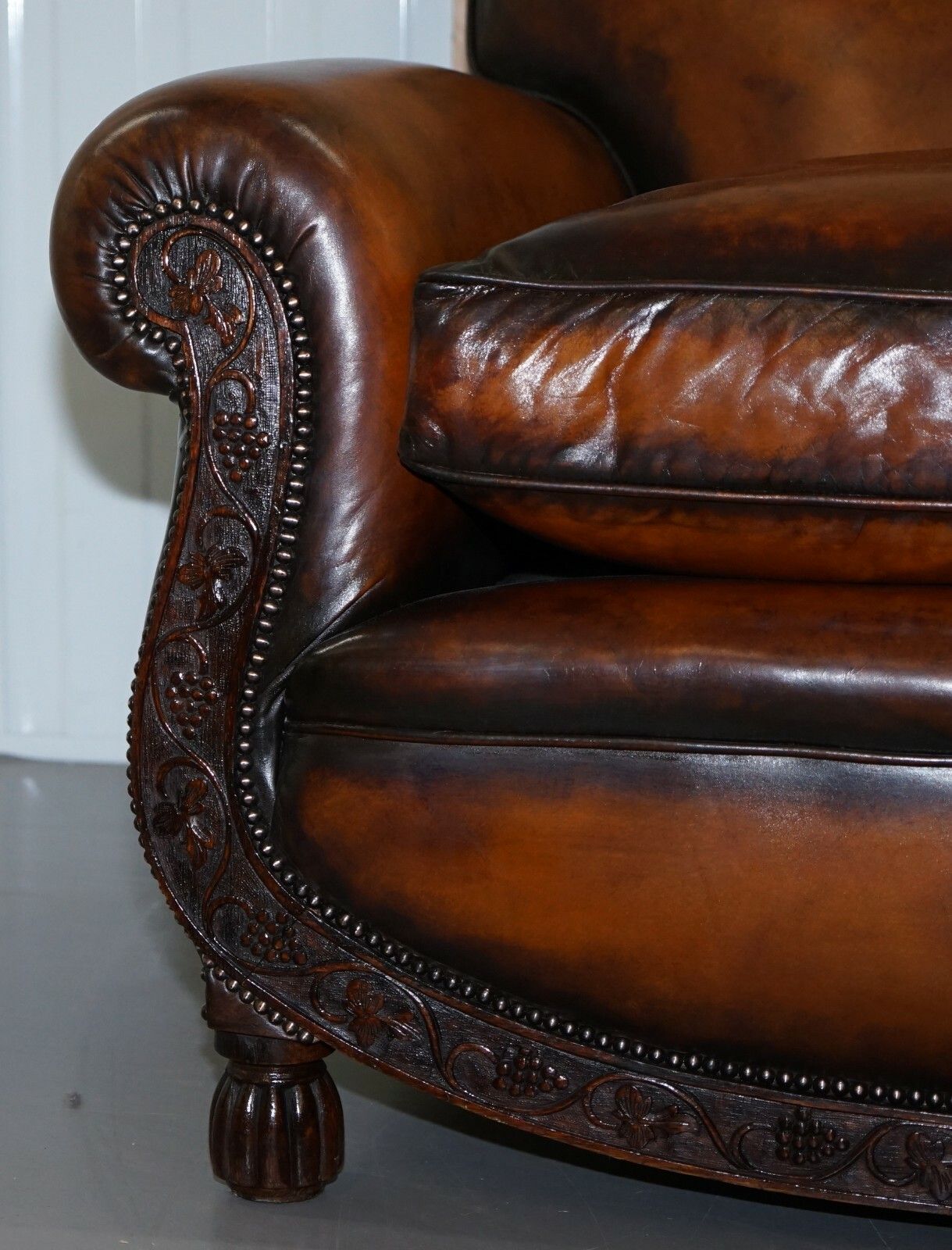 Luxury Victorian Hand Dyed Aged Brown Leather Two Seat Sofa Hand Carved Floral photo buy