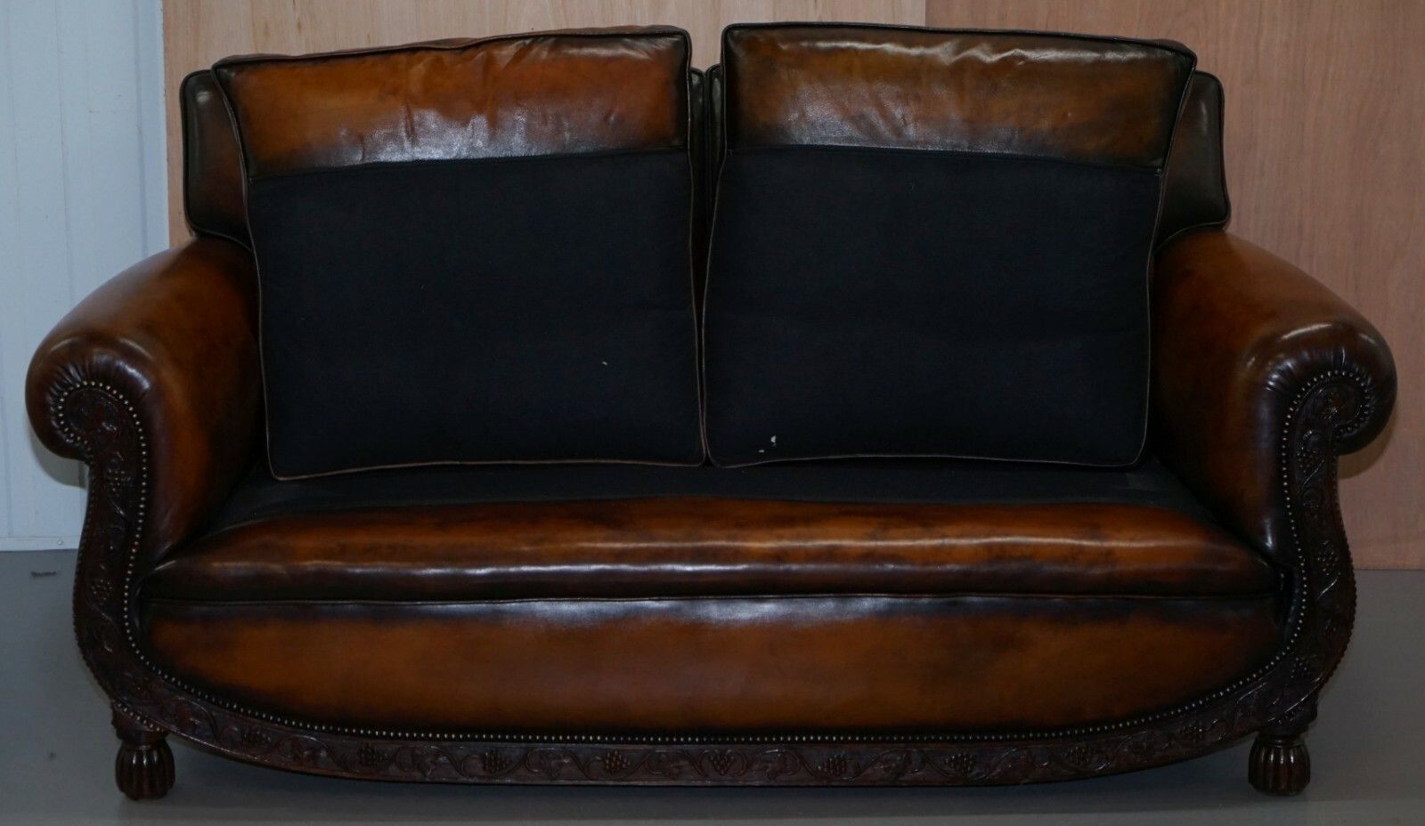 photo for sale Luxury Victorian Hand Dyed Aged Brown Leather Two Seat Sofa Hand Carved Floral