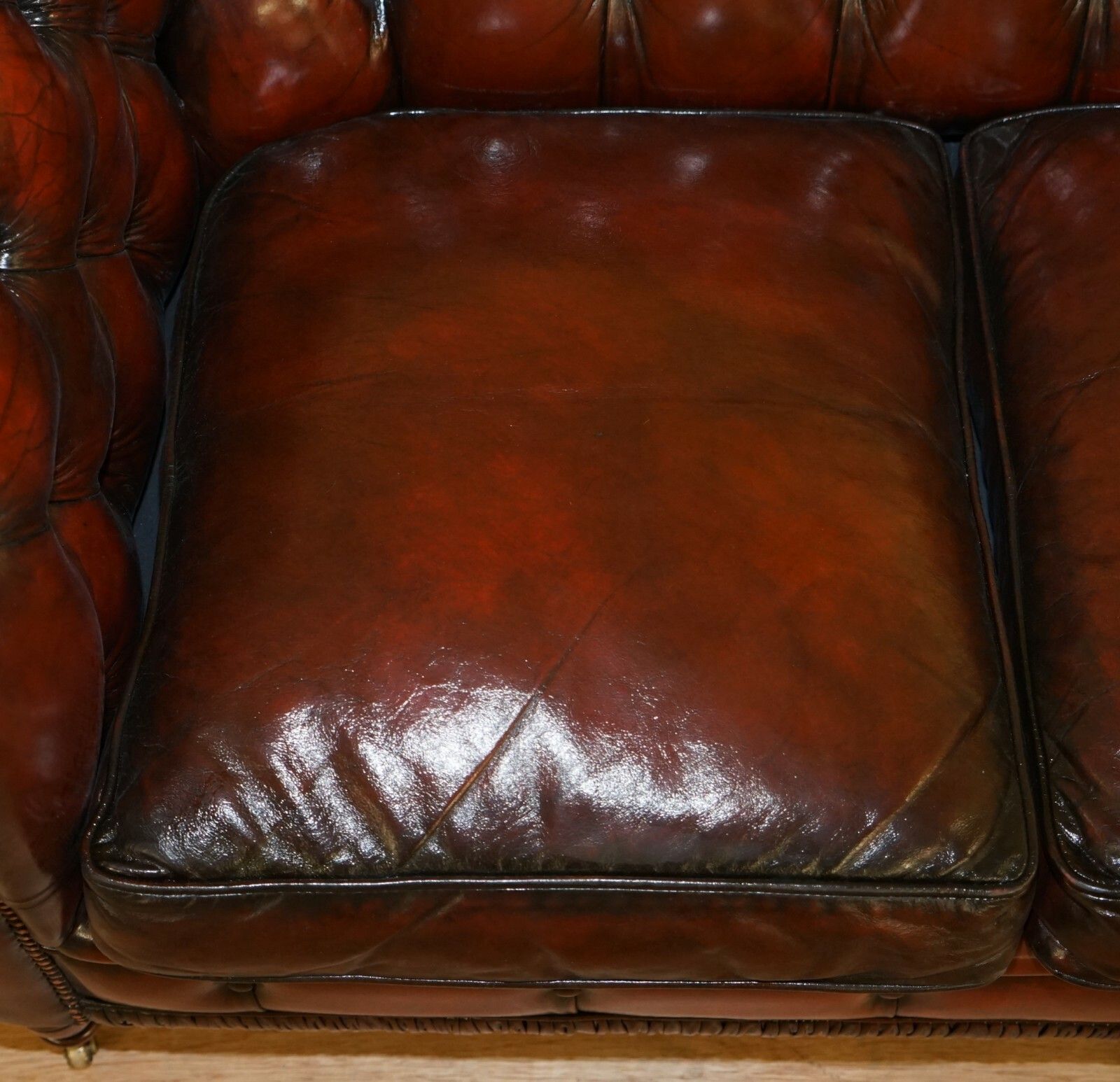 Restored Vintage Oxblood Bordeaux Leather Chesterfield Club Sofa On Turned Legs photo vinterior