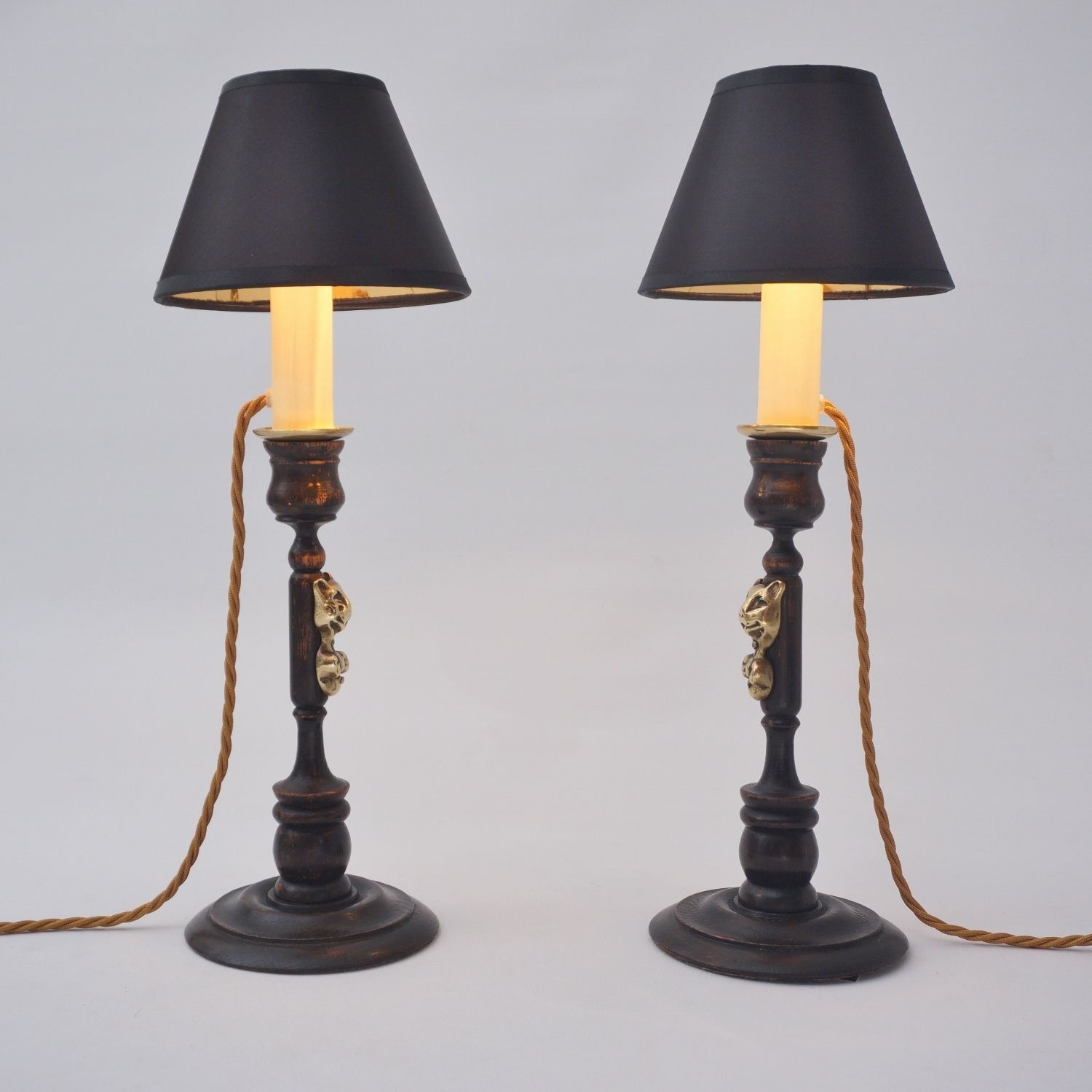 690.0 Pair Antique Candlestick Table Lamps, Cheshire Cat, Lewis Carroll Alice In Wonderland, Brass & Oak, 1920`s Ca, English   Rewired photo