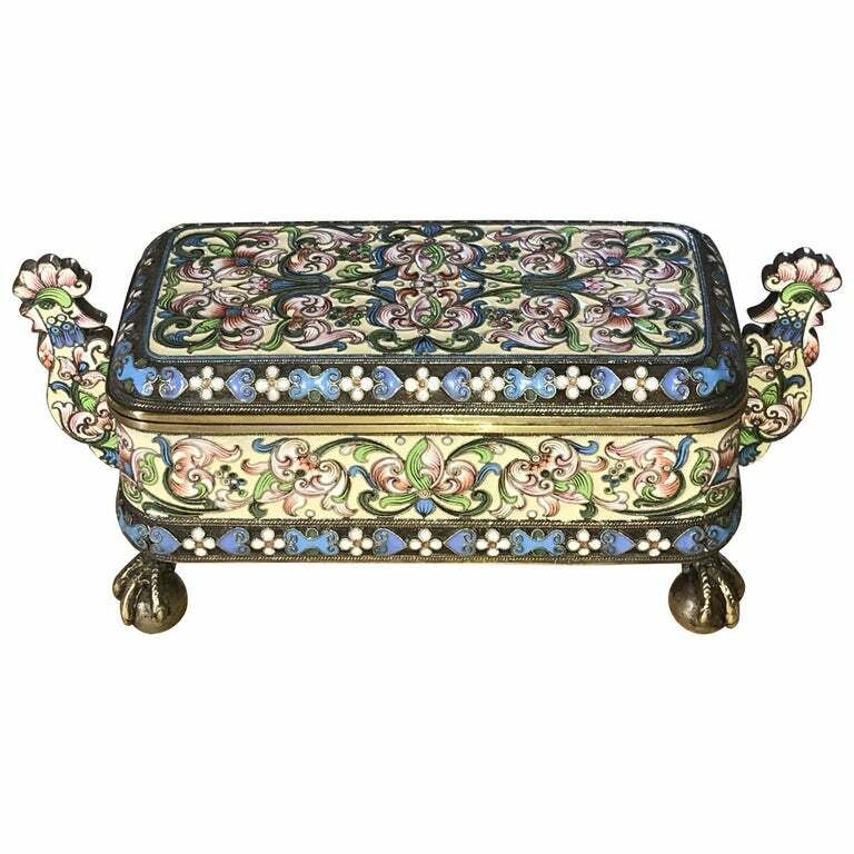 Russian Silver Pavel Ovchinnikov & Ivan Khlednikov Gilt Cloisonne Enamel Casket