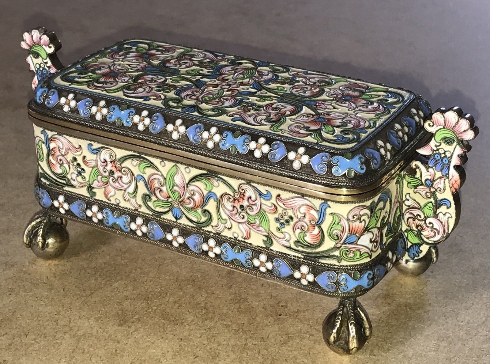 Russian Silver Pavel Ovchinnikov & Ivan Khlednikov Gilt Cloisonne Enamel Casket photo for sale