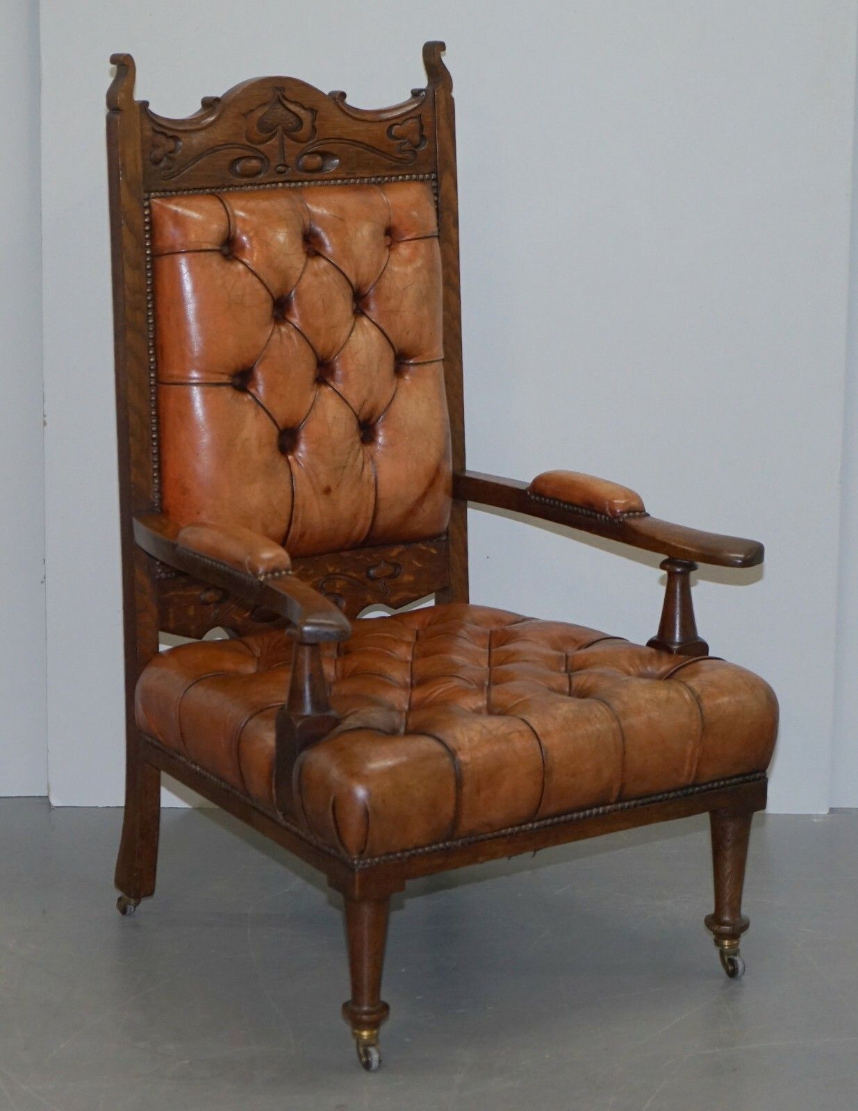 Pair Of Libertys London Style Art Nouveau Chesterfield Brown Leather Armchairs photo furniture