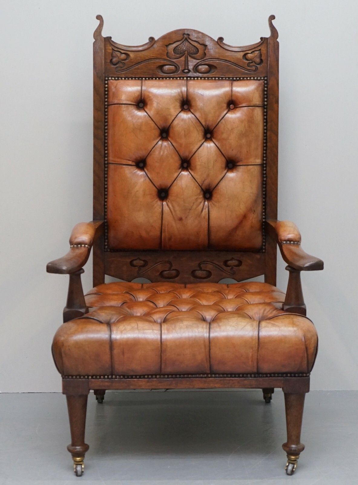 Pair Of Libertys London Style Art Nouveau Chesterfield Brown Leather Armchairs photo for sale
