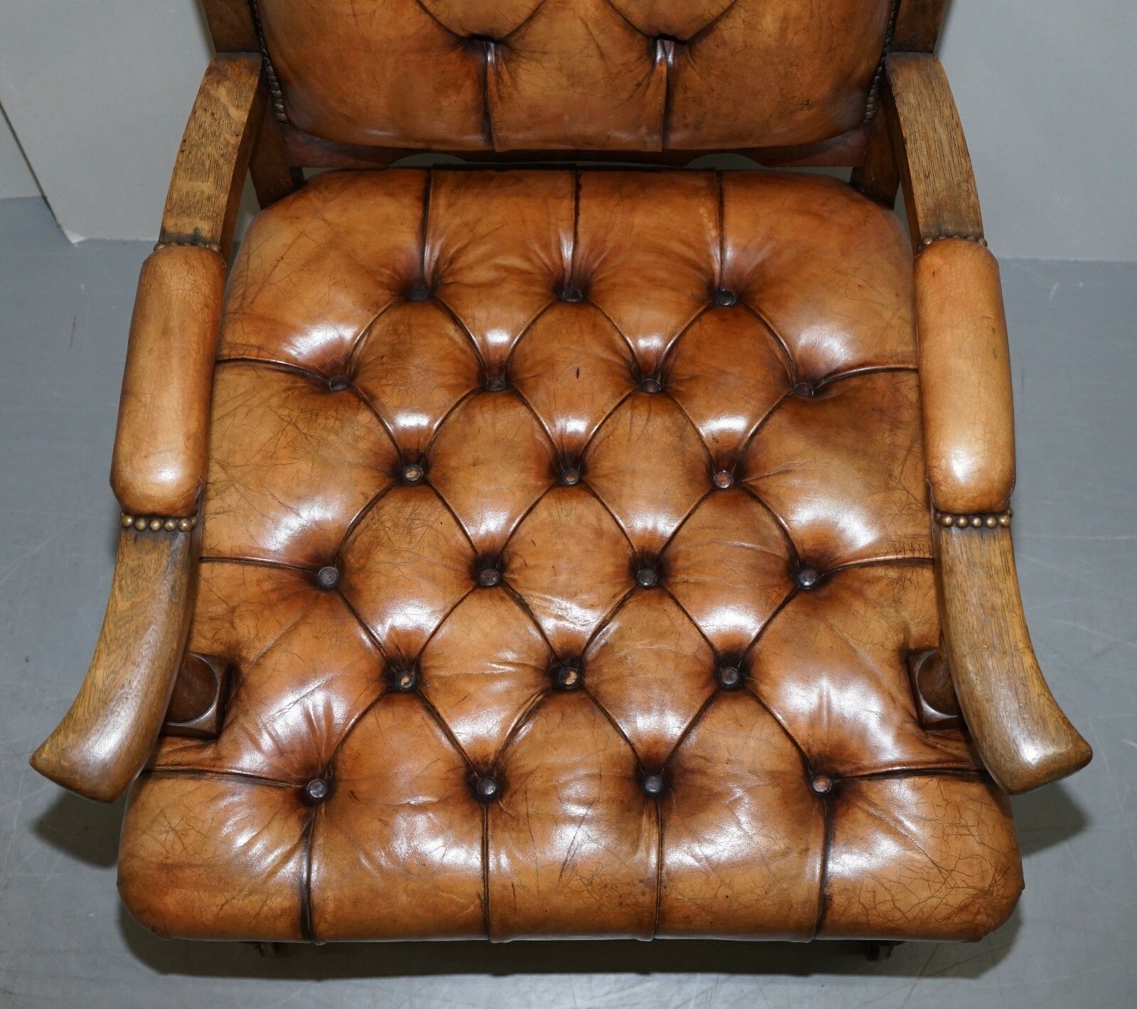 7000.0 Pair Of Libertys London Style Art Nouveau Chesterfield Brown Leather Armchairs photo