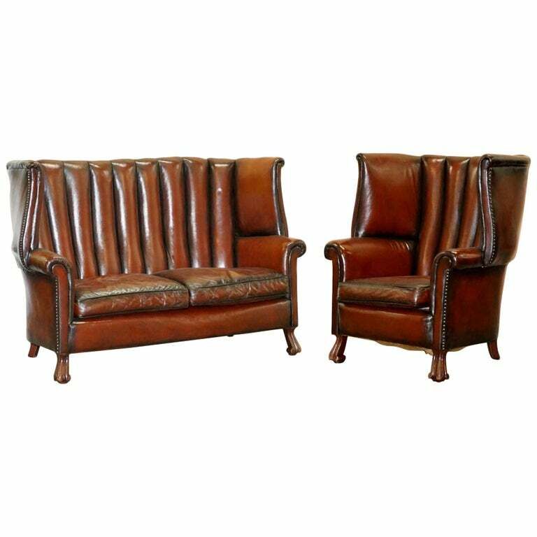 Rare Circa 1860 Huge Victorian Brown Leather Barrel Back Suite Sofa Armchair