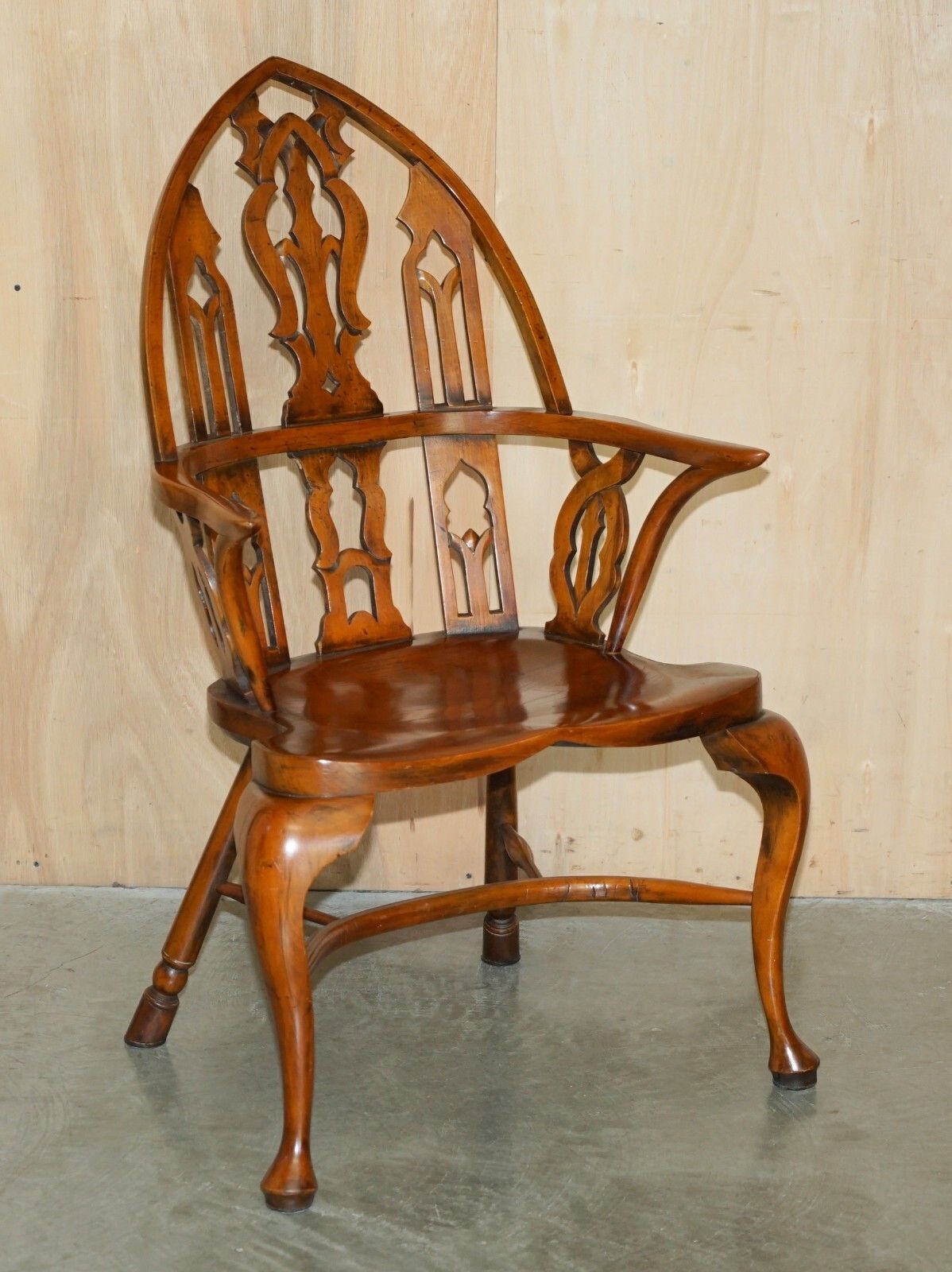 Four Fine Fully Restored Gothic Windsor Steeple Back Burr Yew & Elm Armchairs photo for sale