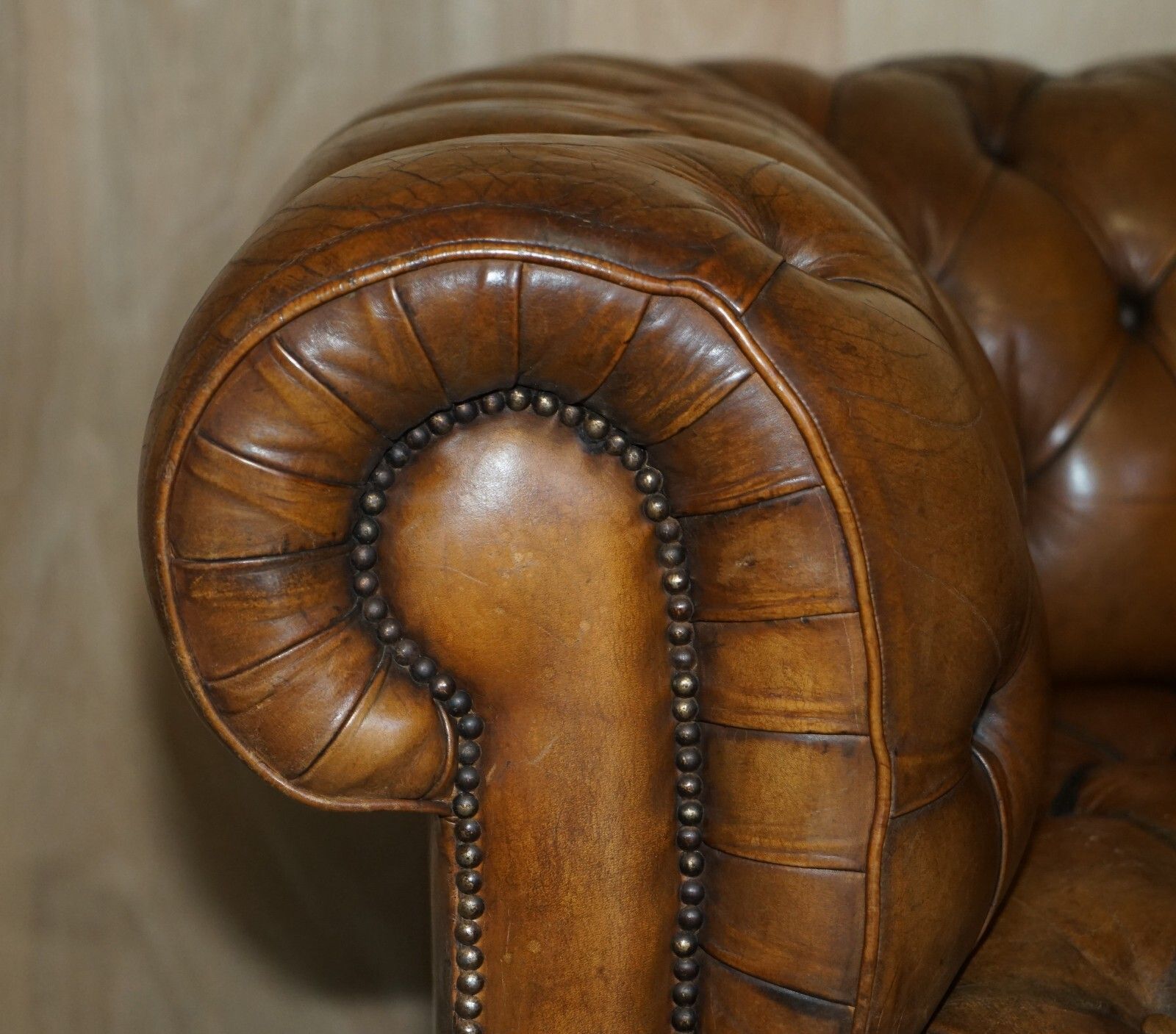 1950's Hand Dyed Restored Cigar Brown Leather Chesterfield Club Sofa English photo vinterior