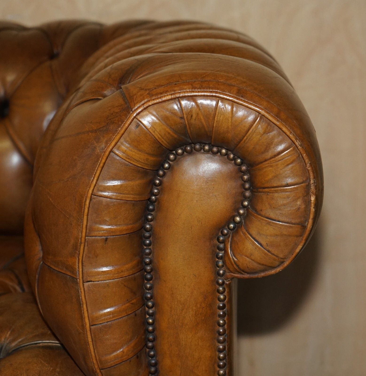 photo for sale 1950's Hand Dyed Restored Cigar Brown Leather Chesterfield Club Sofa English