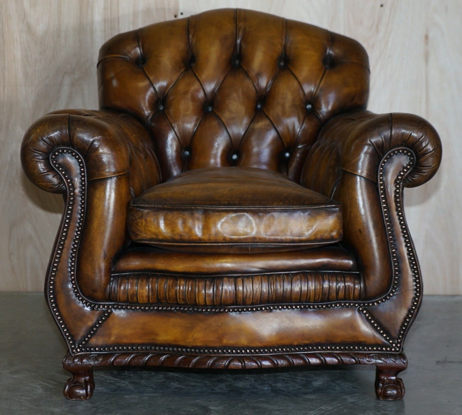 Antique Pair Of Thomas Chippendale Style Chesterfield Brown Leather Armchairs photo furniture