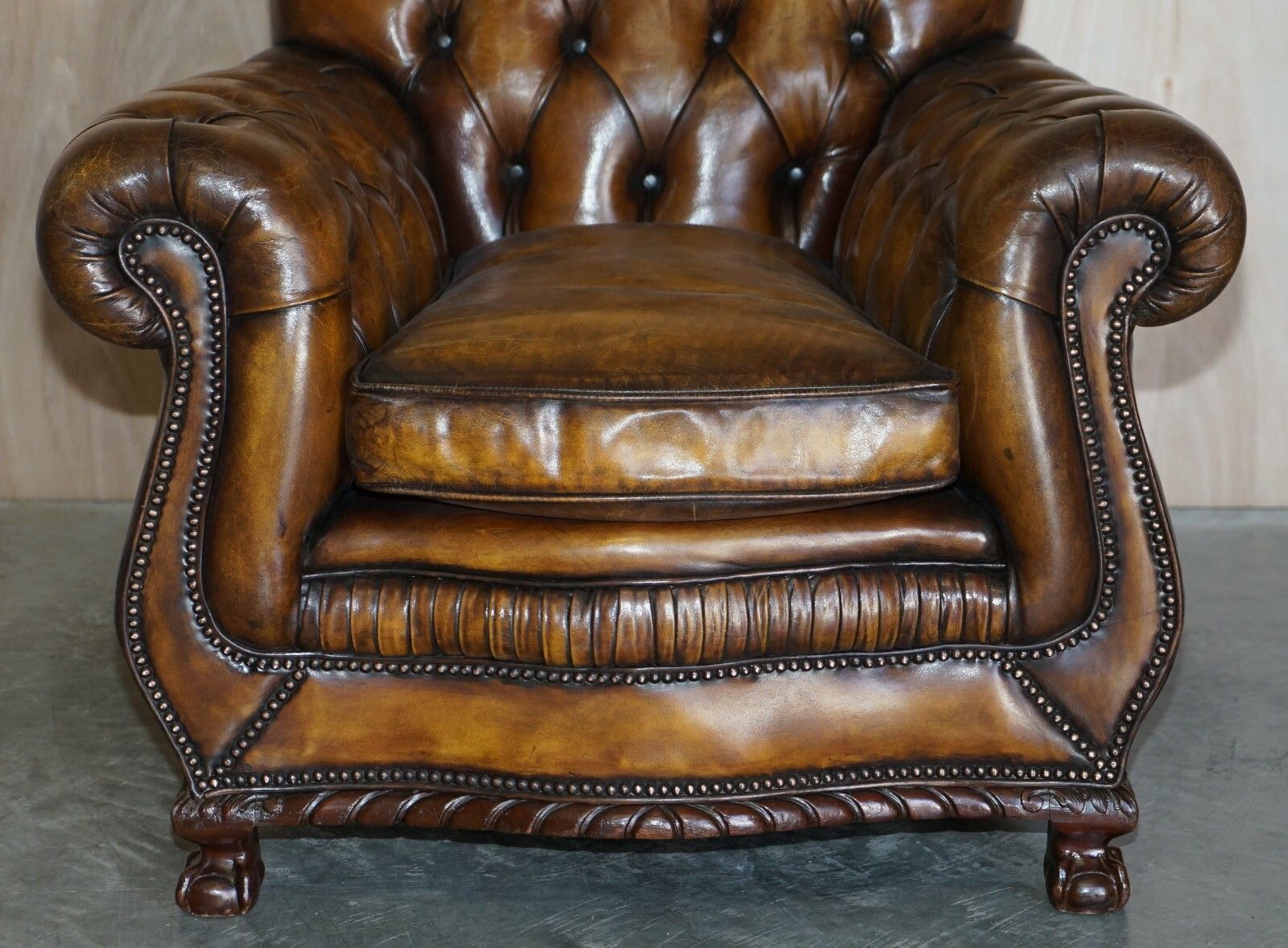 Antique Pair Of Thomas Chippendale Style Chesterfield Brown Leather Armchairs photo 8400.0