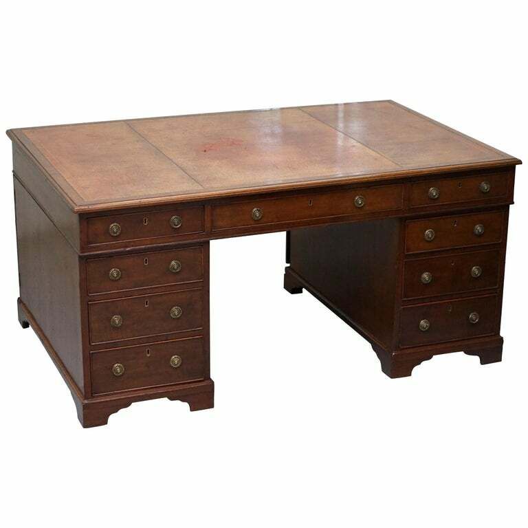 Original George III Circa 1780 Double Sided Walnut Partner Desk Lion Head Handle