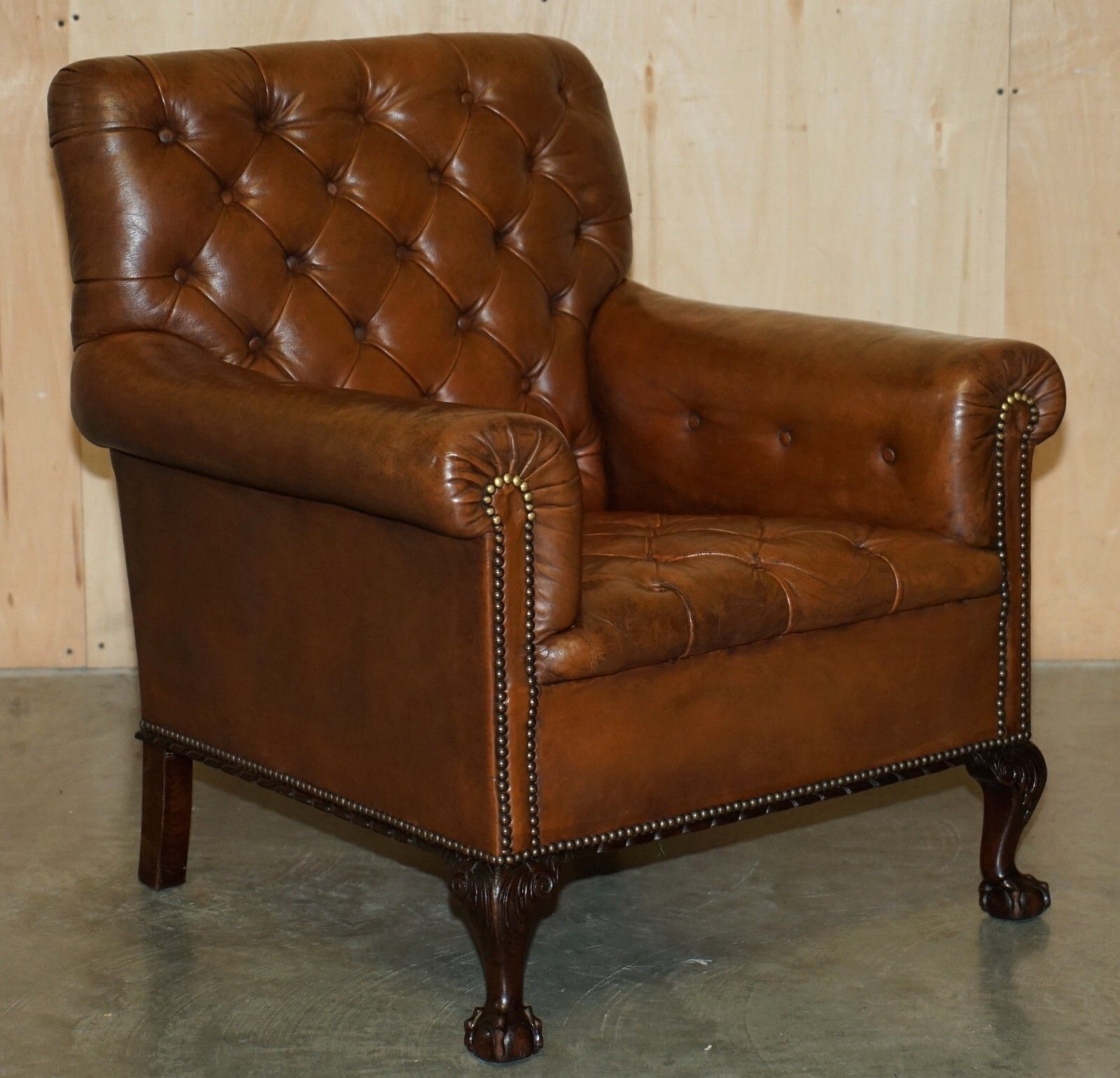Pair Of Antique Victorian Chesterfield Brown Leather Armchairs Claw & Ball Feet photo furniture