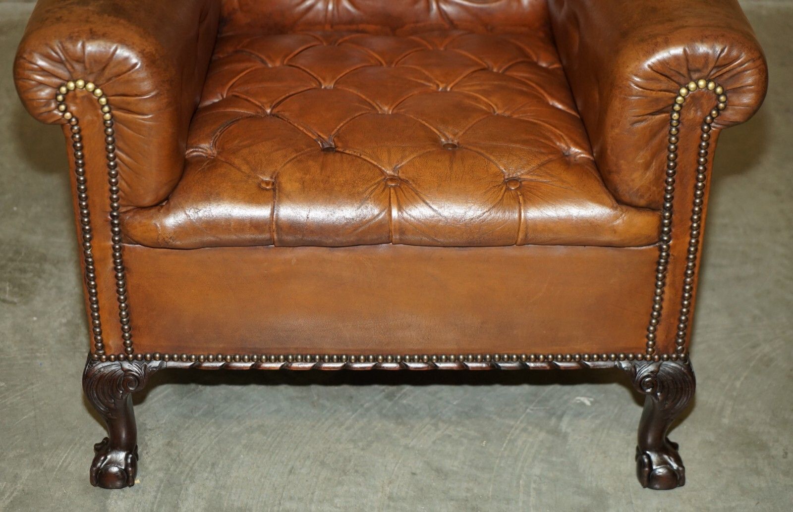 Pair Of Antique Victorian Chesterfield Brown Leather Armchairs Claw & Ball Feet photo vintage