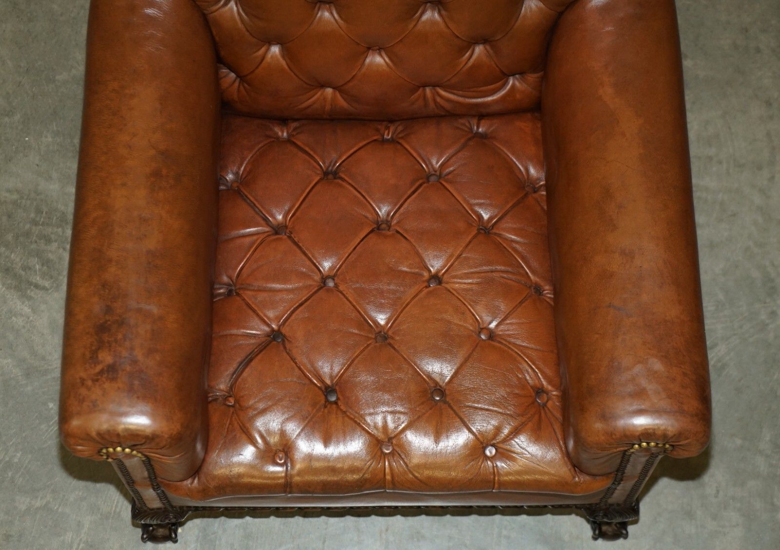 6750.0 Pair Of Antique Victorian Chesterfield Brown Leather Armchairs Claw & Ball Feet photo