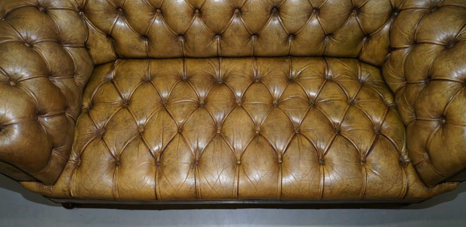 Victorian Horse Hair Green Hand Dyed Leather Chesterfield Fully Button Base Sofa photo vinterior