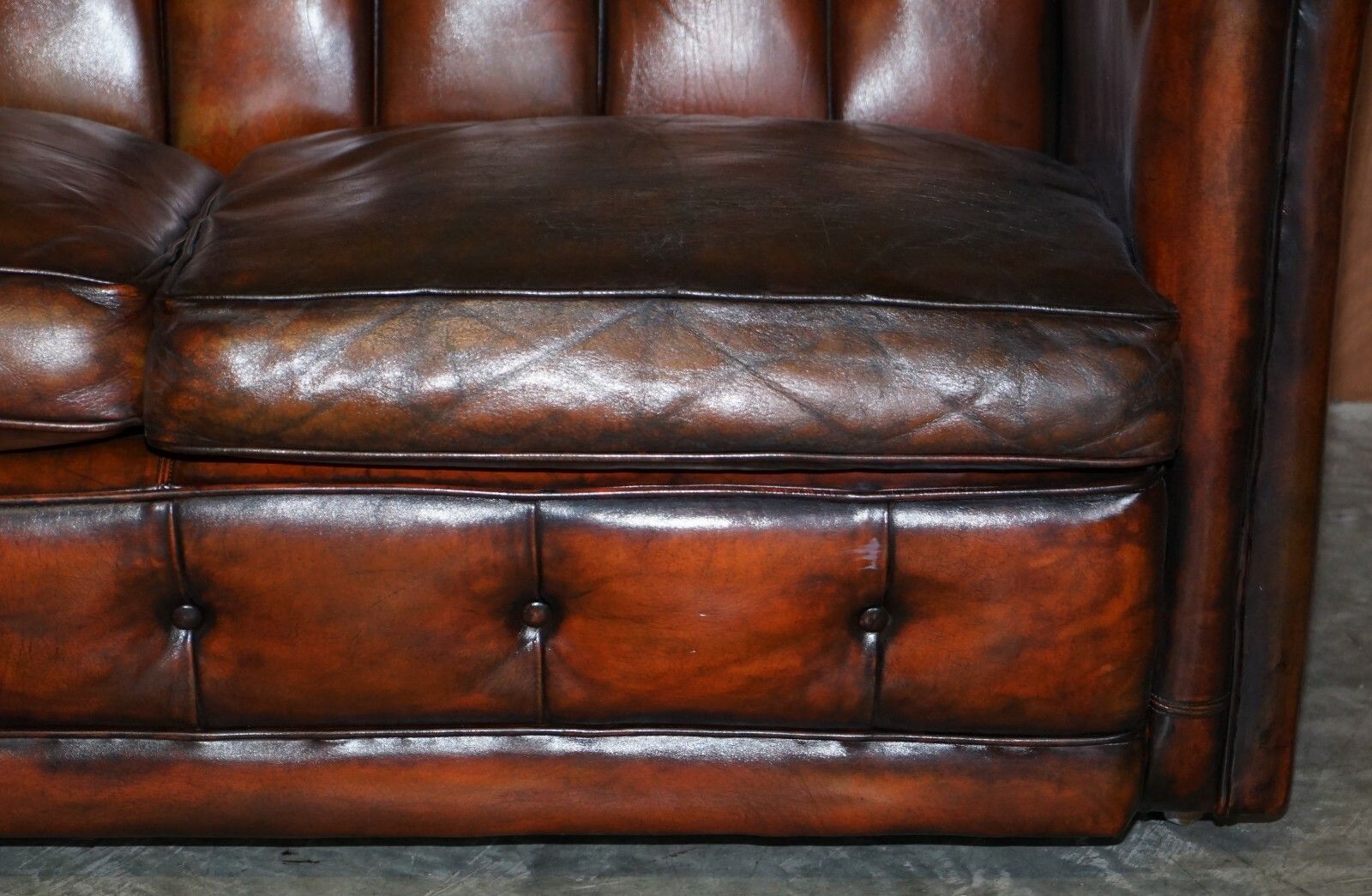 Circa 1920 Art Deco Fully Restored Chesterfield Brown Leather Sofa Part Suite photo 6000.0