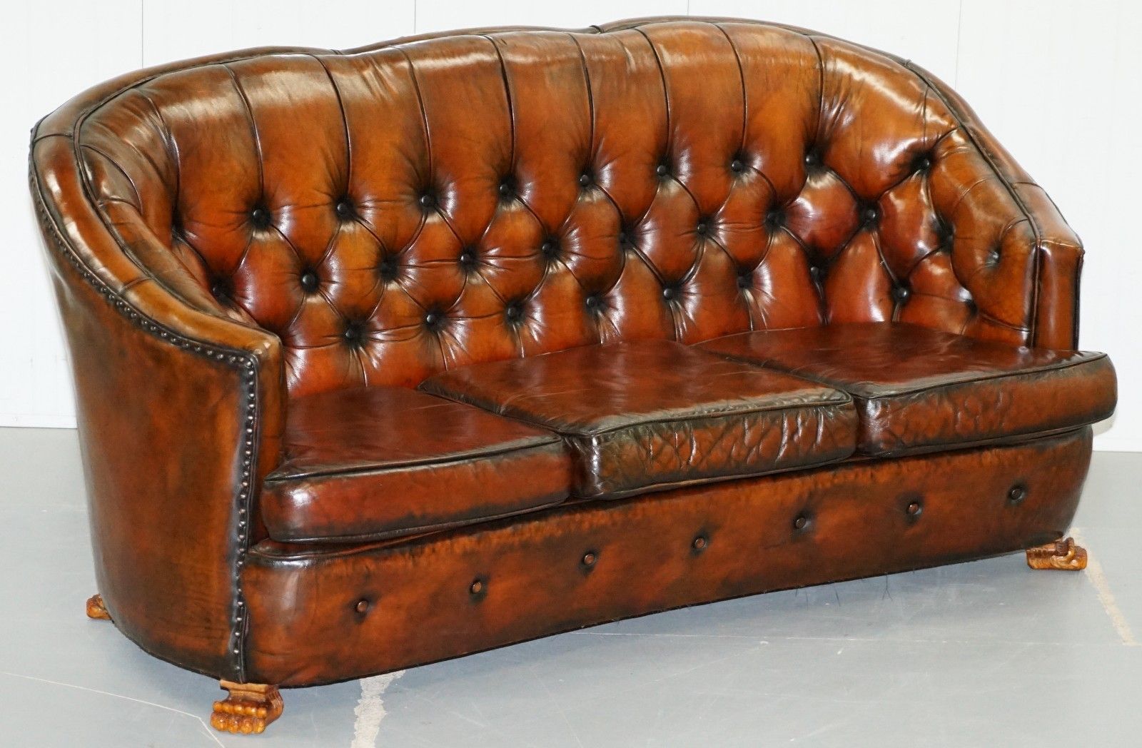 Brown Leather Curved Back Chesterfield Suite Sofa Armchairs Lion Hairy Paw Feet photo furniture
