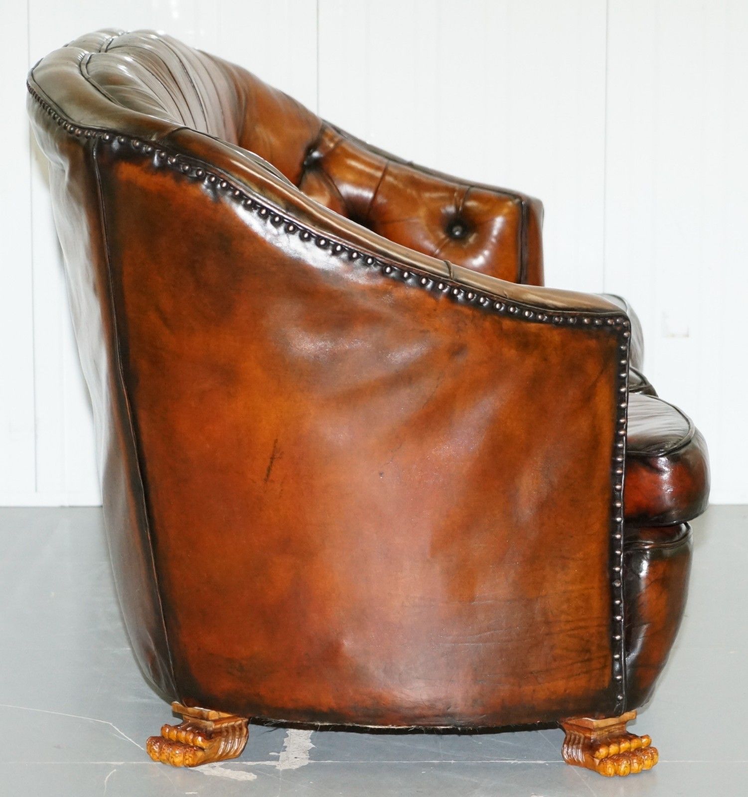 Brown Leather Curved Back Chesterfield Suite Sofa Armchairs Lion Hairy Paw Feet photo vinterior