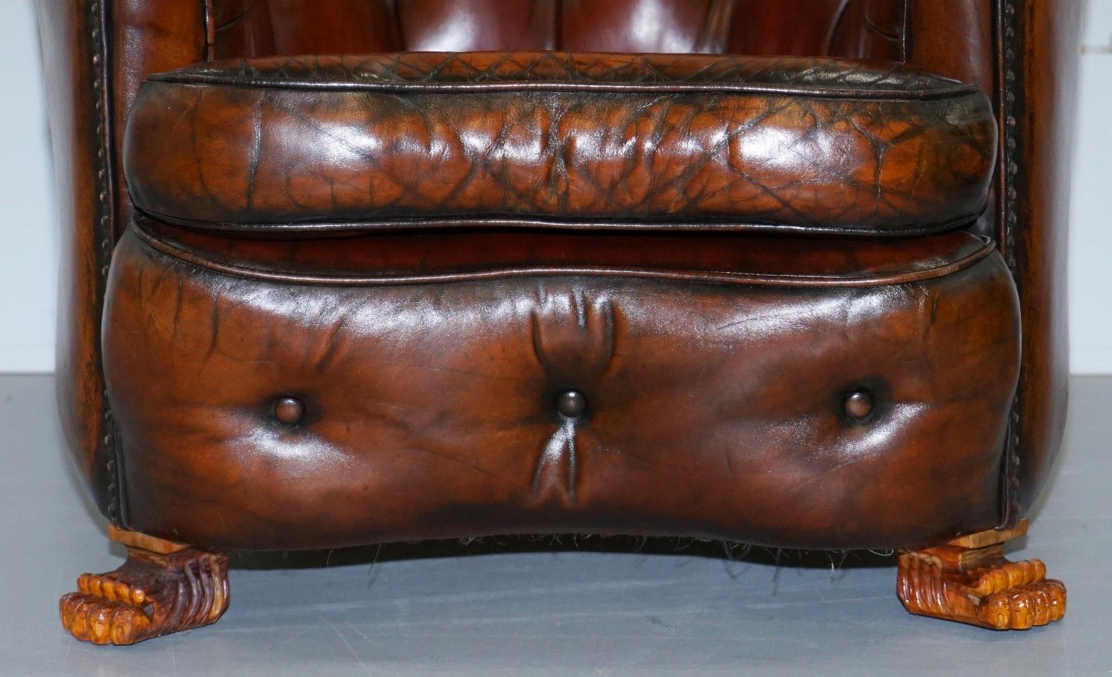 Furniture Brown Leather Curved Back Chesterfield Suite Sofa Armchairs Lion Hairy Paw Feet photo