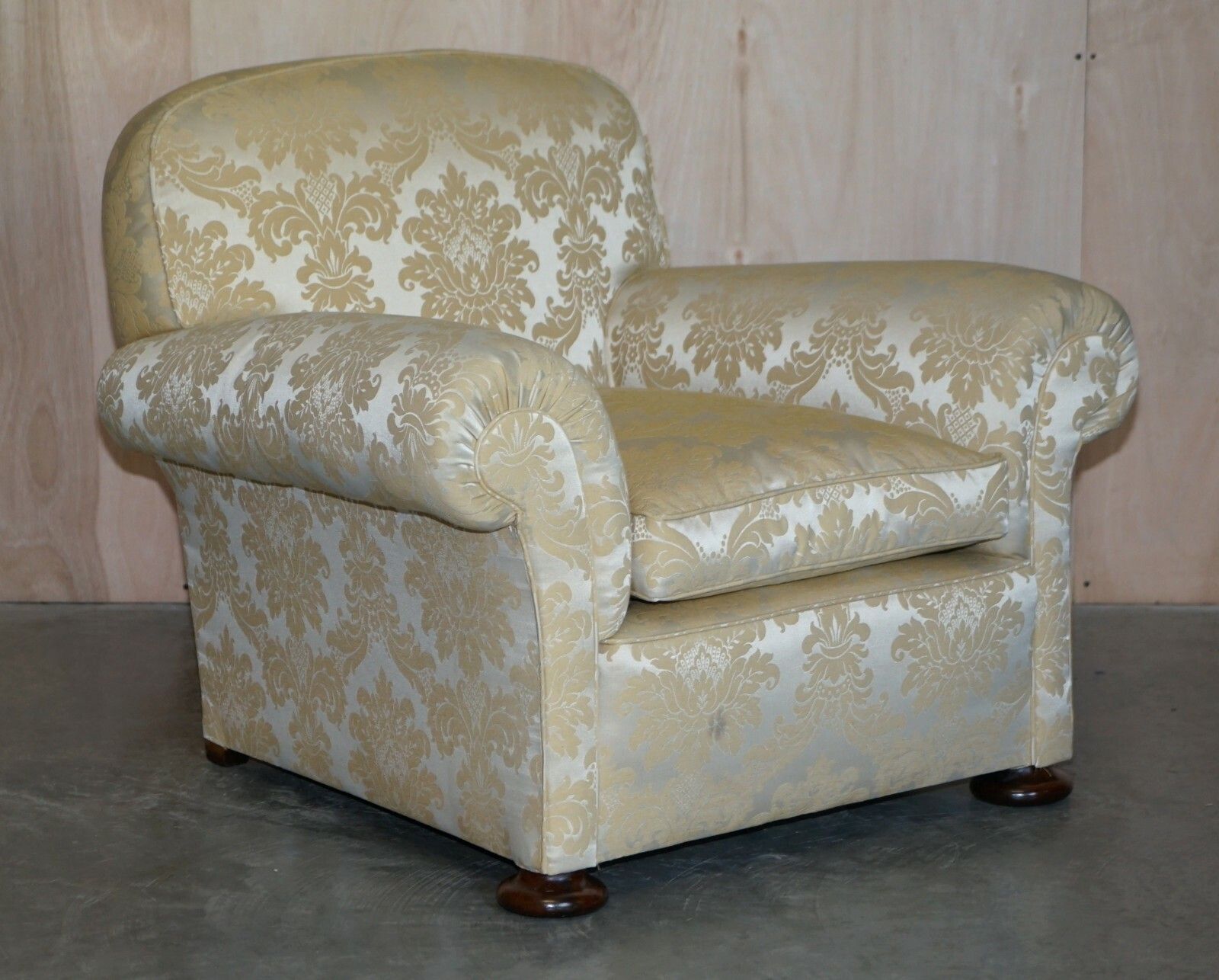 Antique Victorian Sofa & Armchair Club Suite Damask Upholstery Turned Bun Feet photo buy