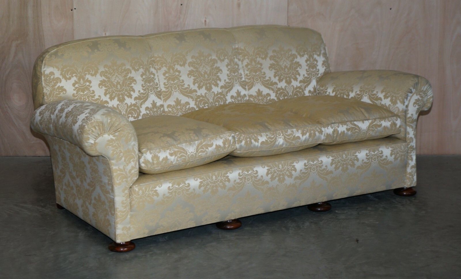 photo furniture Antique Victorian Sofa & Armchair Club Suite Damask Upholstery Turned Bun Feet