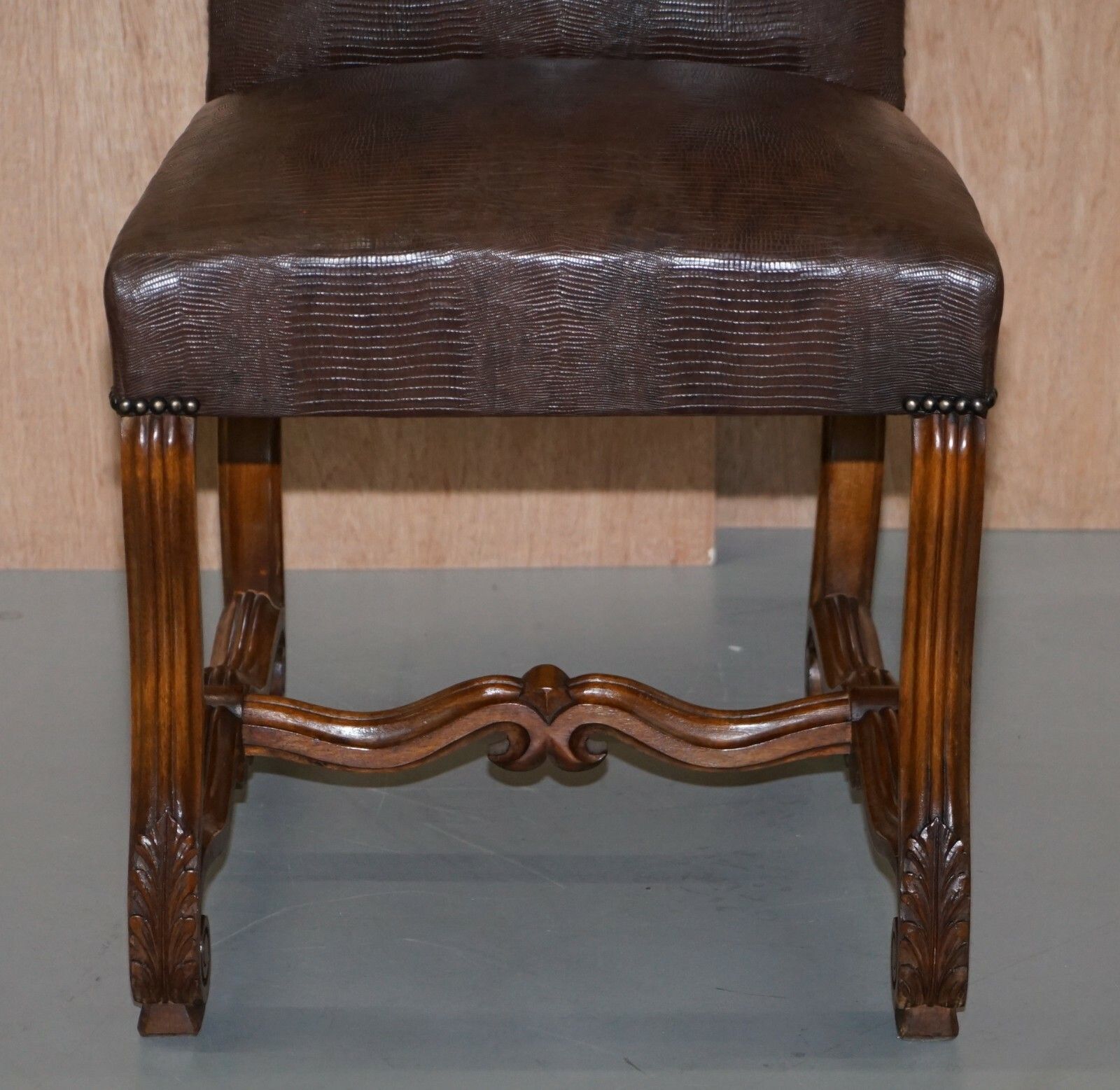 Suite Of 10 Carolean Dining Chairs With Crocodile Alligator Patina Leather Ten photo vinterior