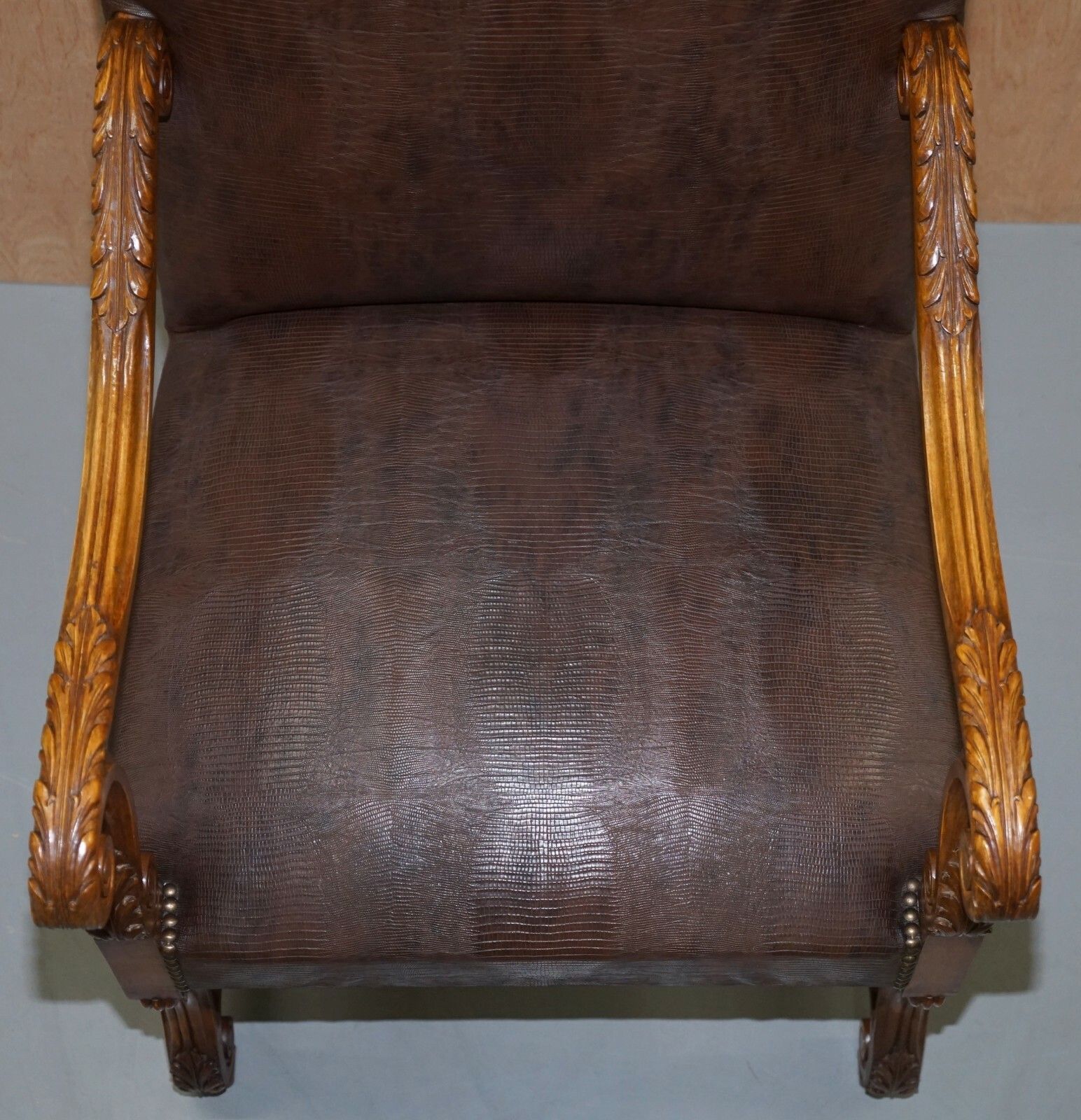 Furniture Suite Of 10 Carolean Dining Chairs With Crocodile Alligator Patina Leather Ten photo