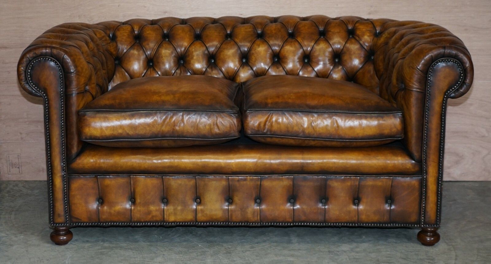 Restored Rich Cigar Brown Leather Chesterfield Club Sofa Feather Filled Cushions photo furniture