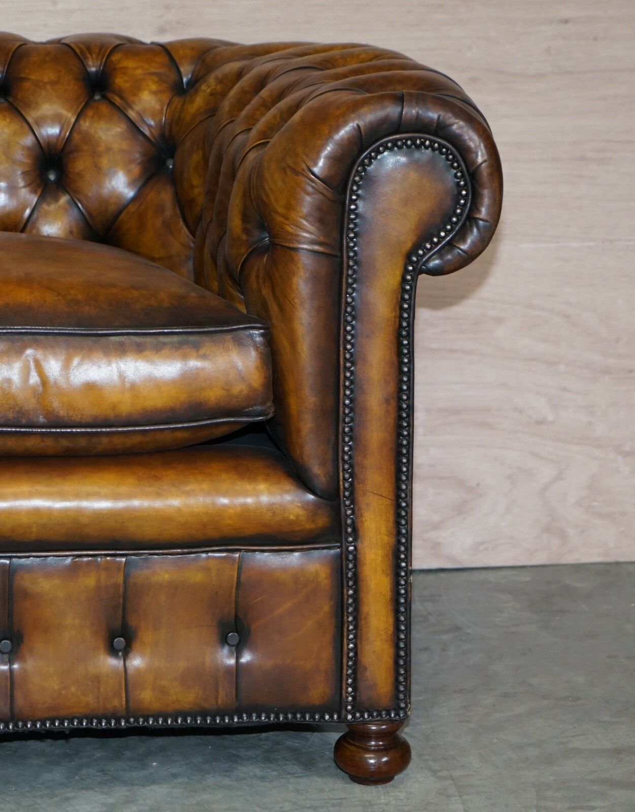 Restored Rich Cigar Brown Leather Chesterfield Club Sofa Feather Filled Cushions photo buy